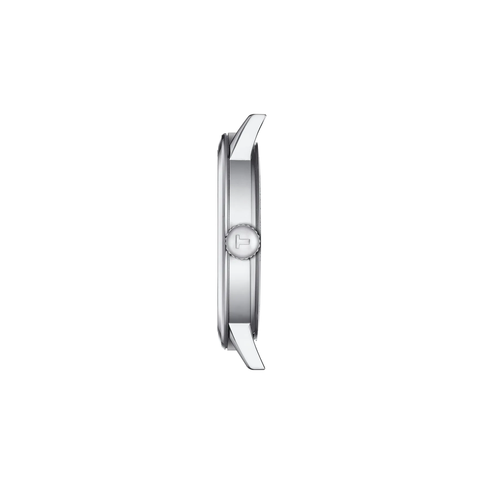 Silver watch case on a white background