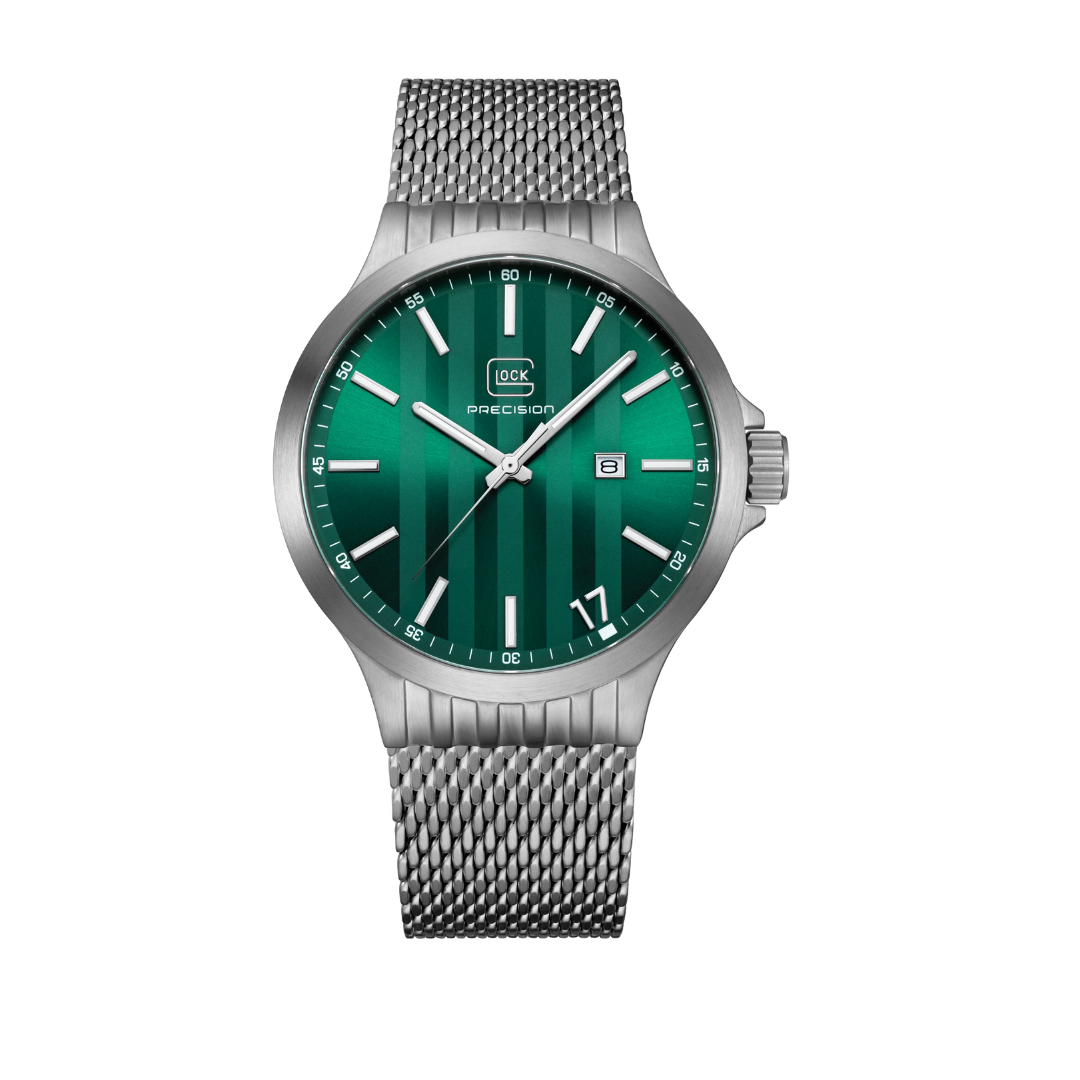 GLOCK Stainless Steel Green Dial Watch With Silver Tone Mesh Strap