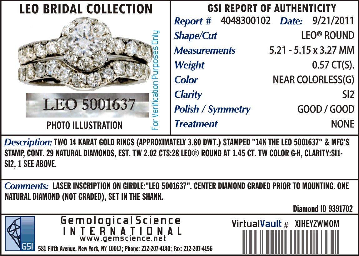Estate Collection: 14K White Gold 2.02CTW. Leo Diamond Certified Halo Engagement Ring & Curved Wedding Band Bridal Set