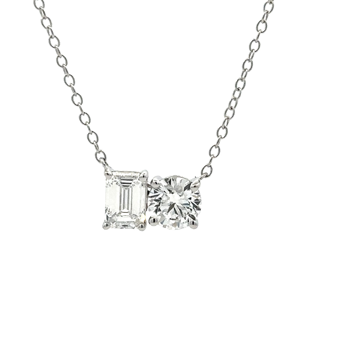 Sterling Silver 1.5CTW. Round and Emerald-Cut Lab-Grown Diamond Toi Et Moi Necklace