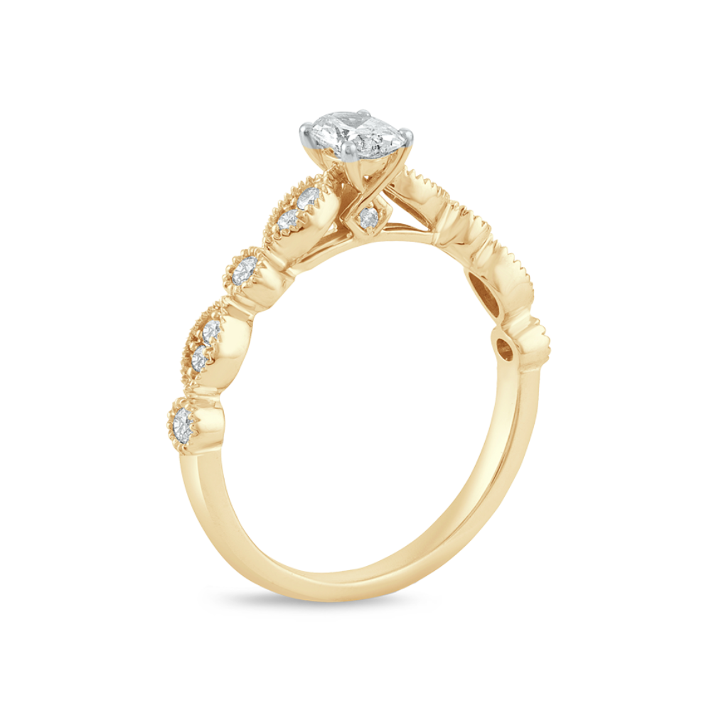 Angled Standing-Up View of 14K Yellow Gold Vintage Style Engagement Ring
