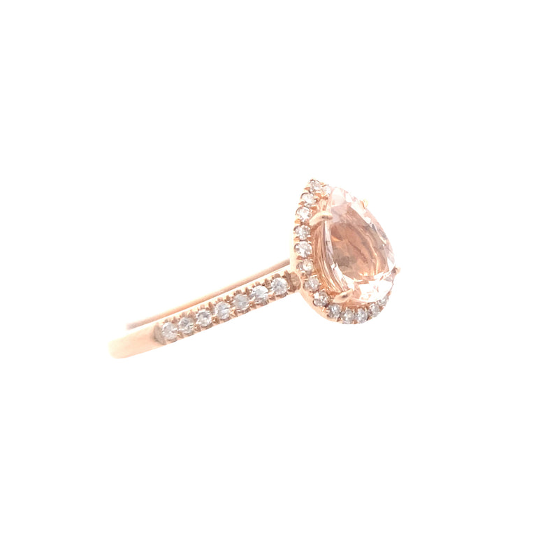 14K Rose Gold 1/2CT. Pear-Cut Morganite & 1/6CT. Diamond Halo Engagement Ring