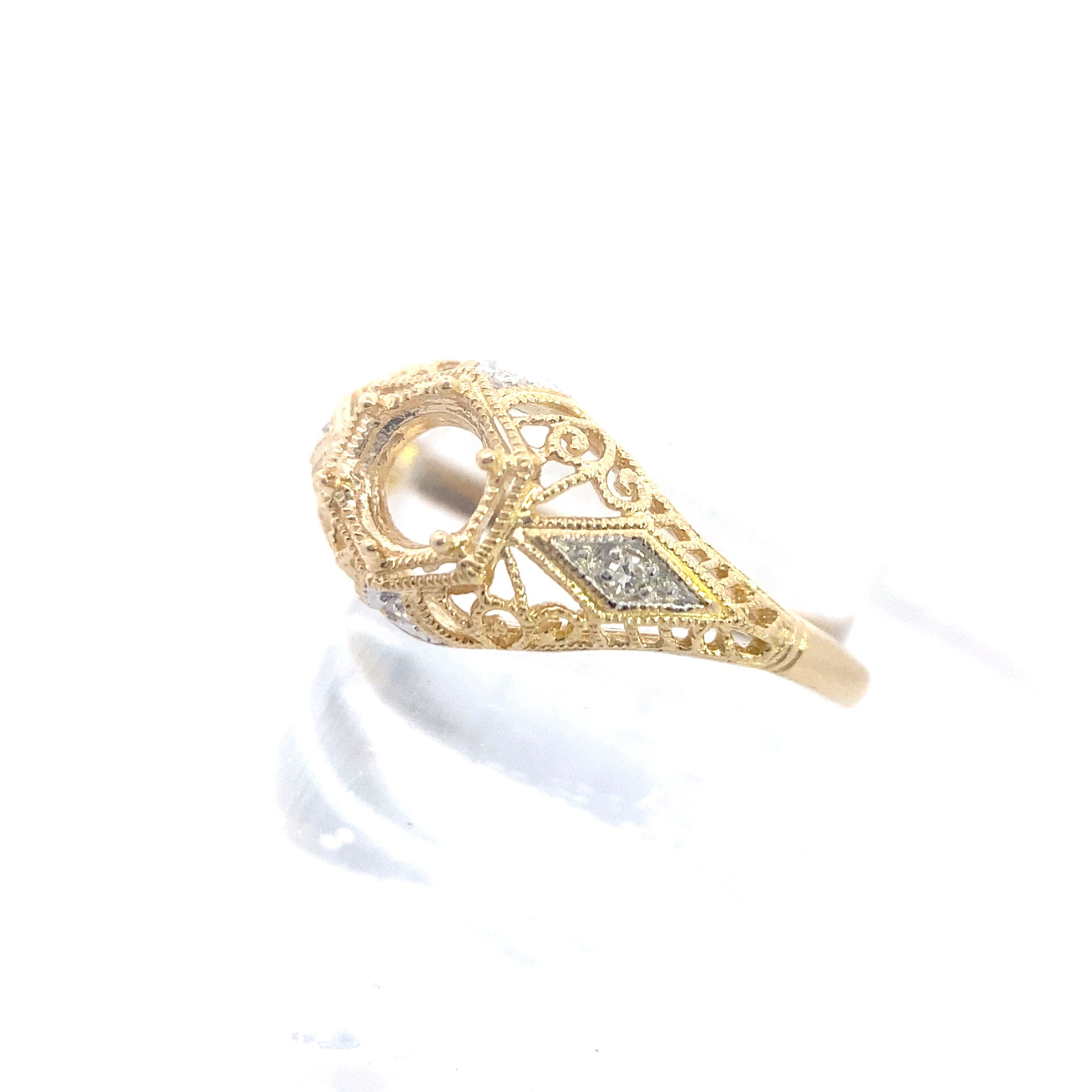 14K Yellow Gold Vintage-Inspired Diamond Filigree Semi-Mount Engagement Ring