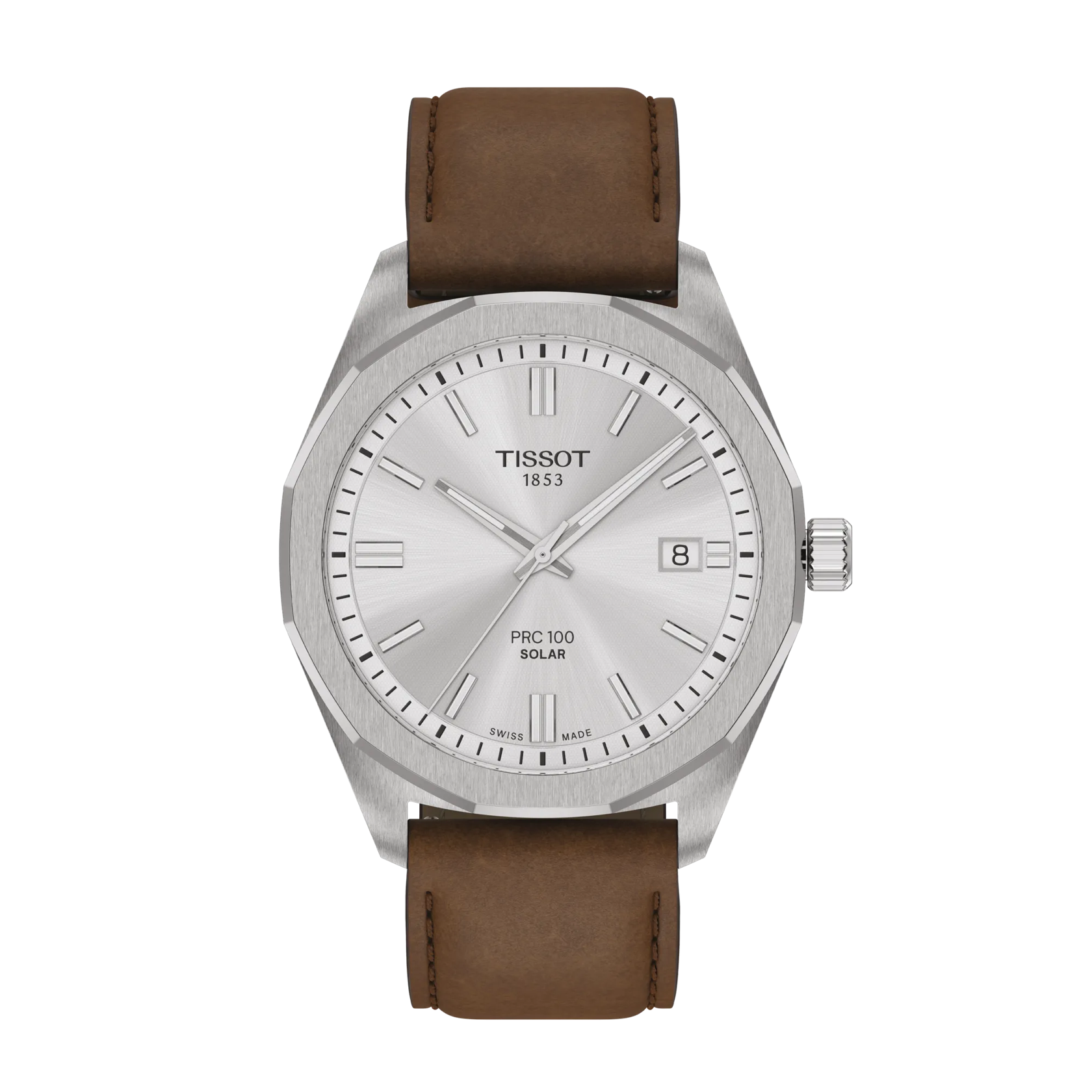 Tissot watch with brown leather strap on a white background