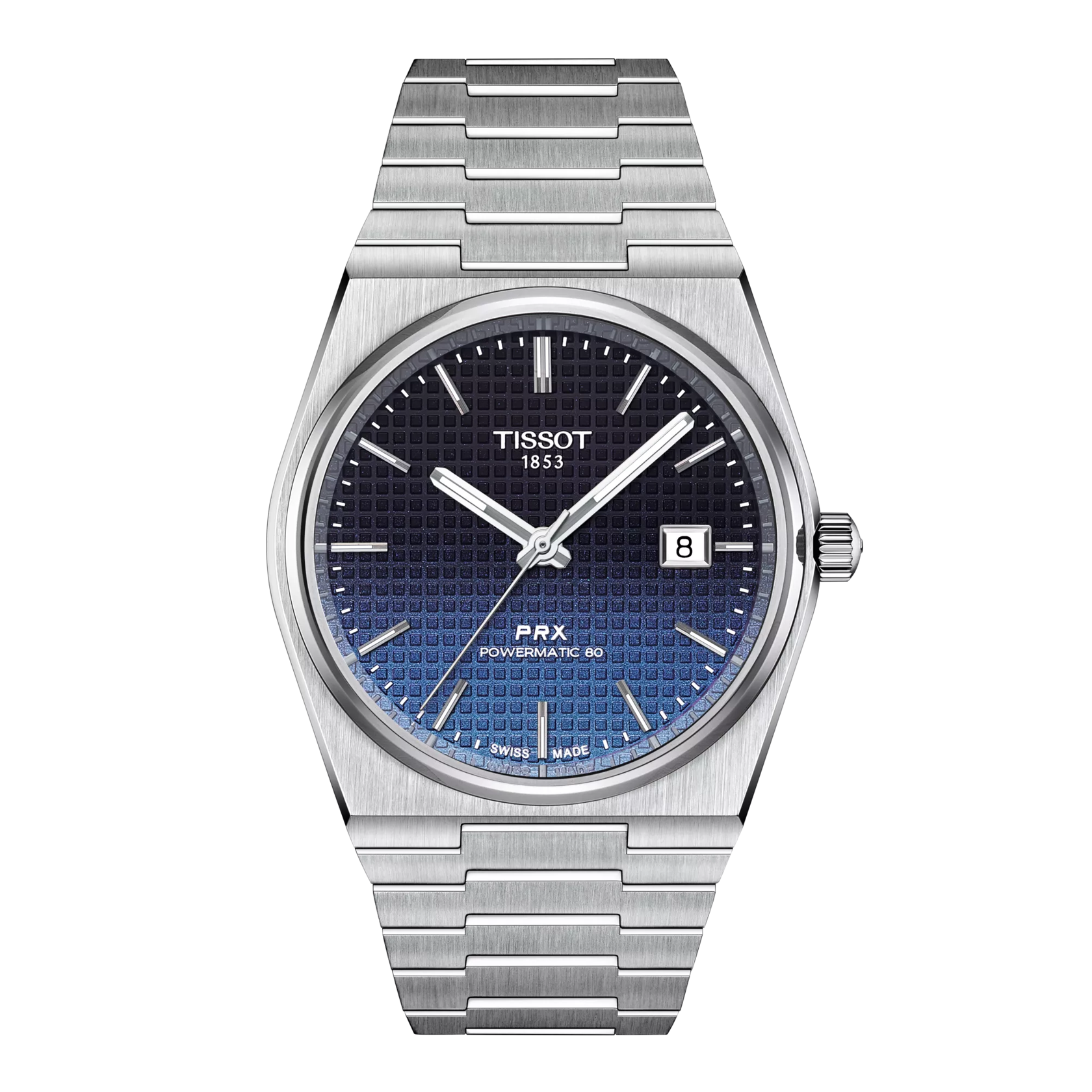 Silver Tissot watch with blue face on a white background