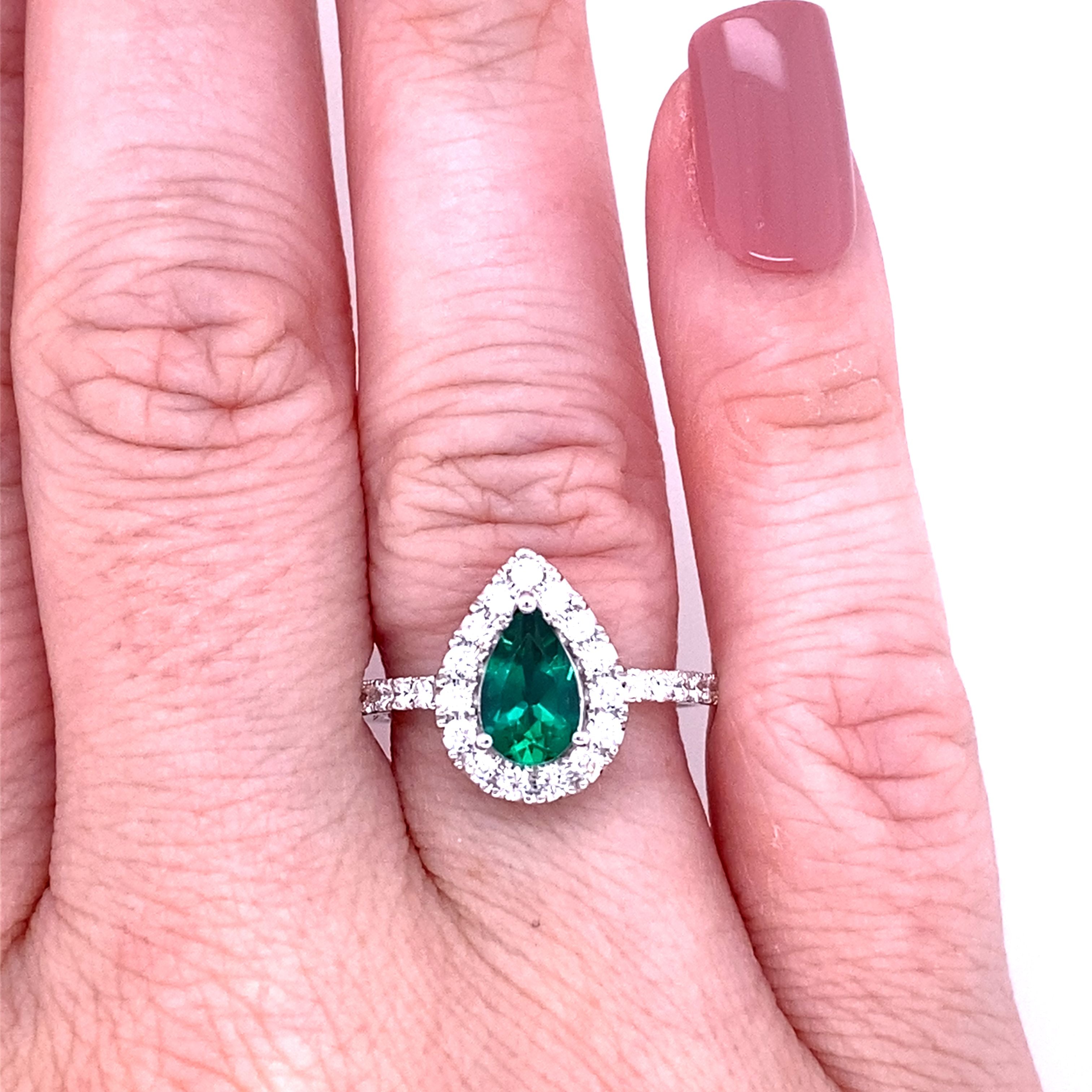 14K White Gold Pear-Cut Lab-Grown Green Emerald & 0.51CTW. Lab-Grown Diamond Halo Ring