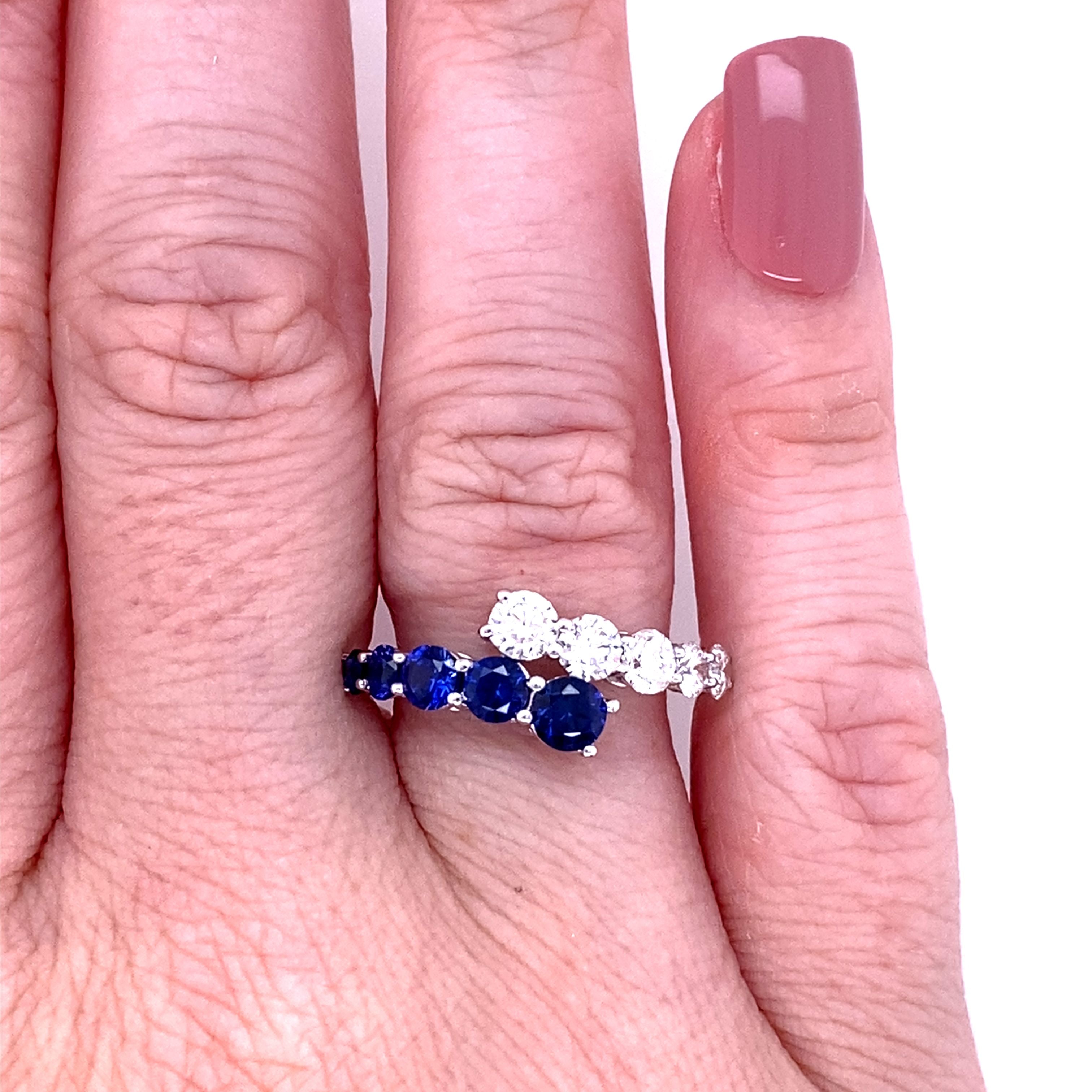 14K White Gold Lab-Grown Blue Sapphire & 0.77CTW. Lab-Grown Diamond Graduated Bypass Fashion Ring
