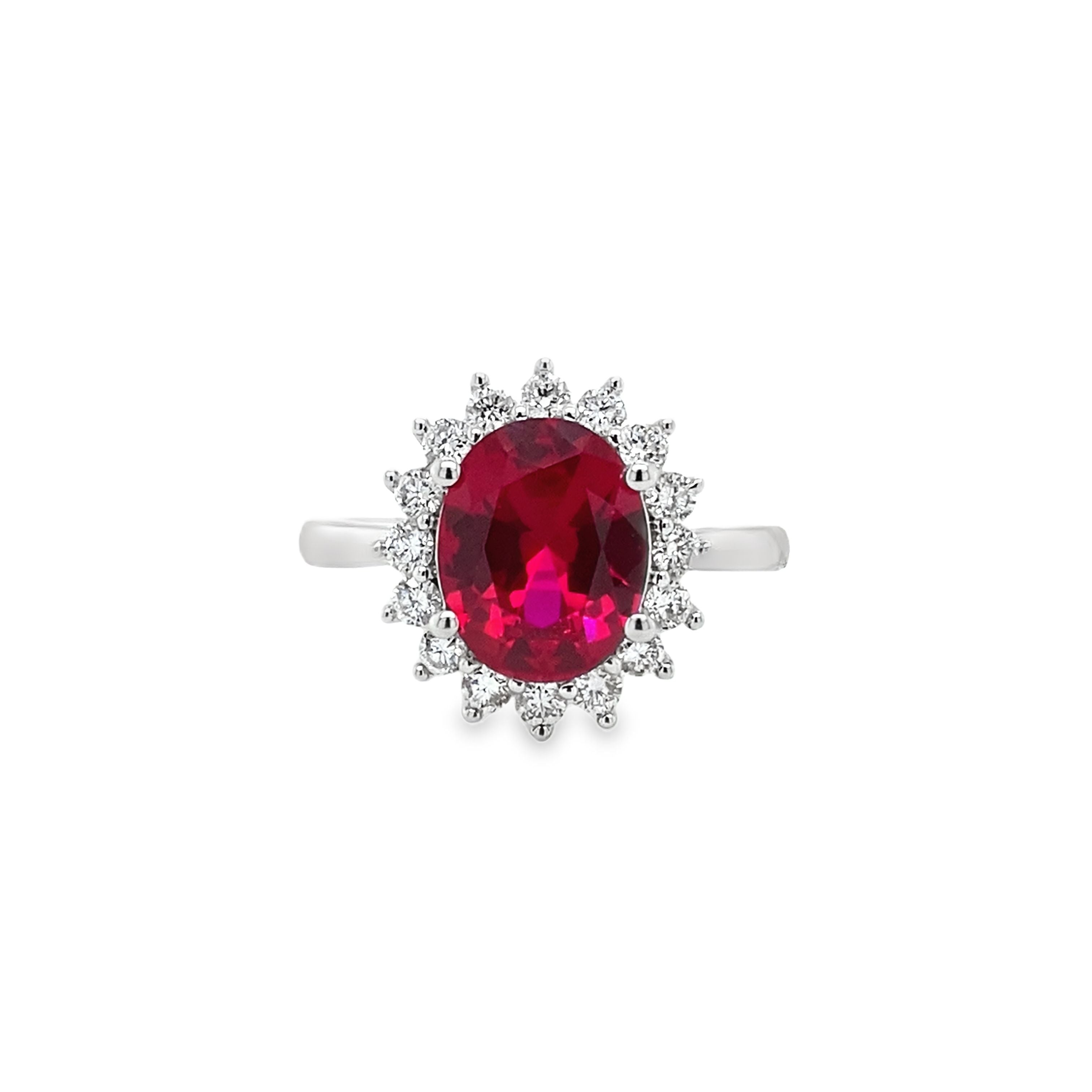 14K White Gold Oval-Cut Lab-Grown Ruby & 0.51CTW. Lab-Grown Diamond Halo Ring