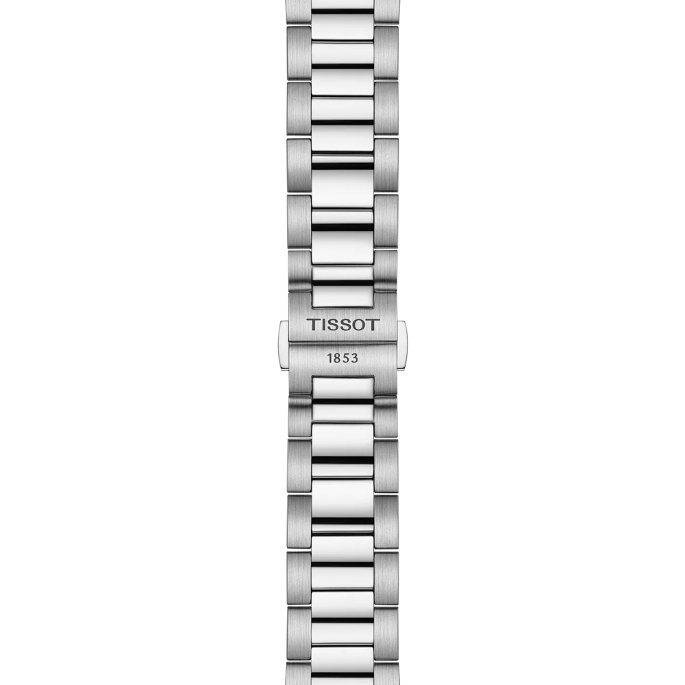 Silver watch bracelet with Tissot logo on a white background