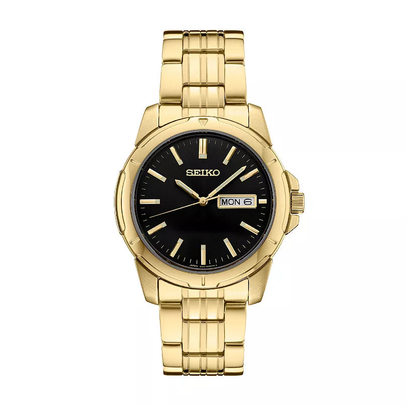 SEIKO Essentials Men's Gold-Tone Black Sunray Dial Watch