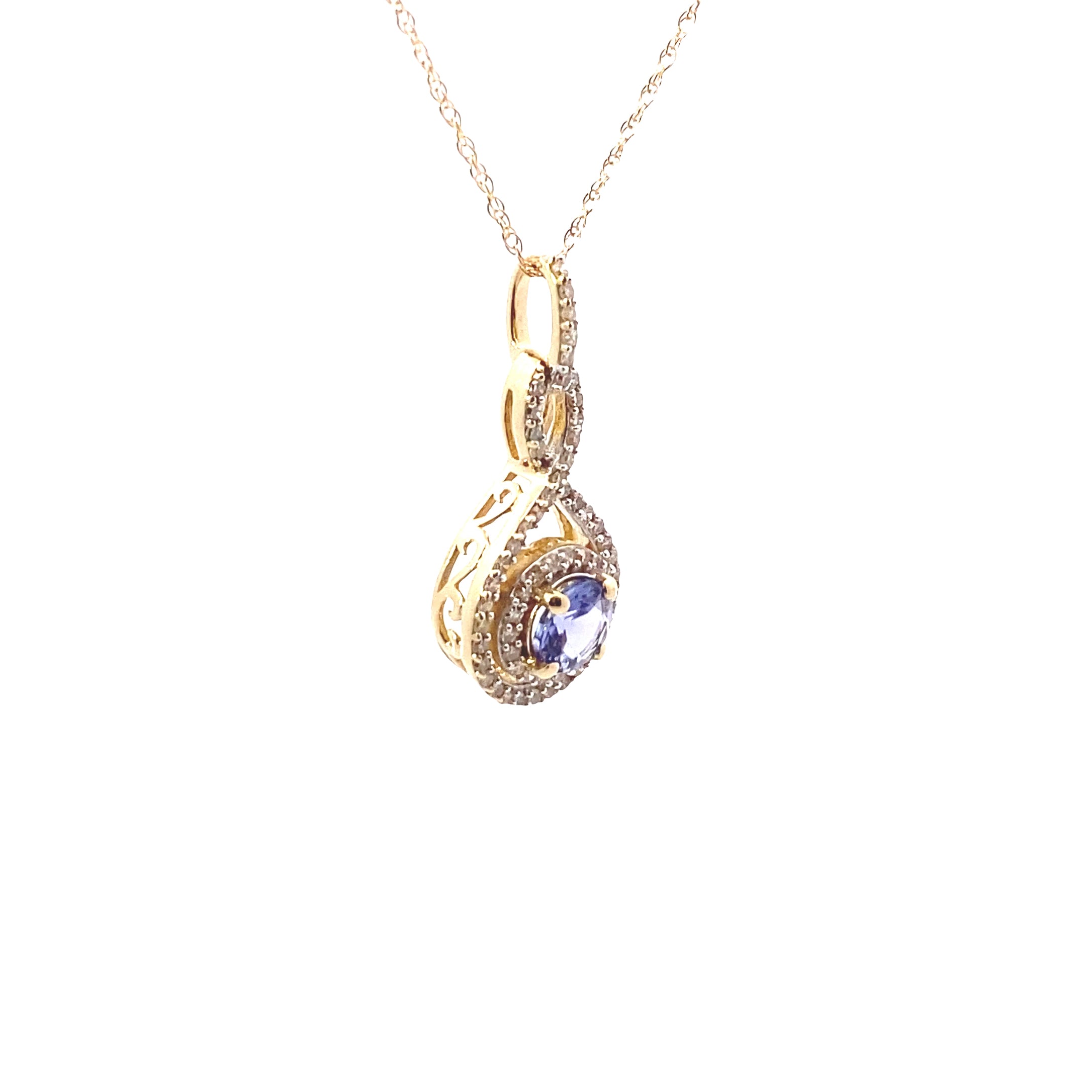 14K Yellow Gold Tanzanite & 1/4 CT. Diamond Halo Twist Pendant Necklace