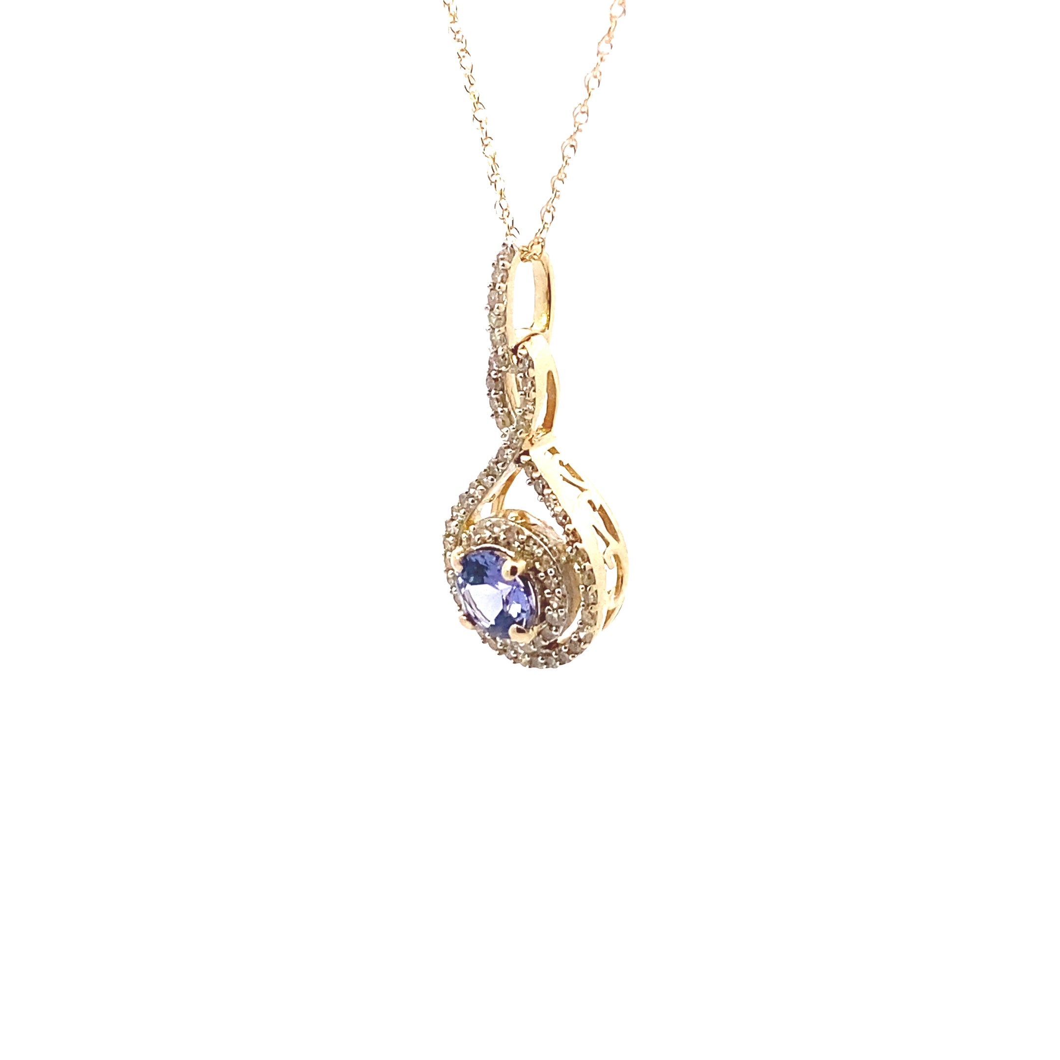 14K Yellow Gold Tanzanite & 1/4 CT. Diamond Halo Twist Pendant Necklace