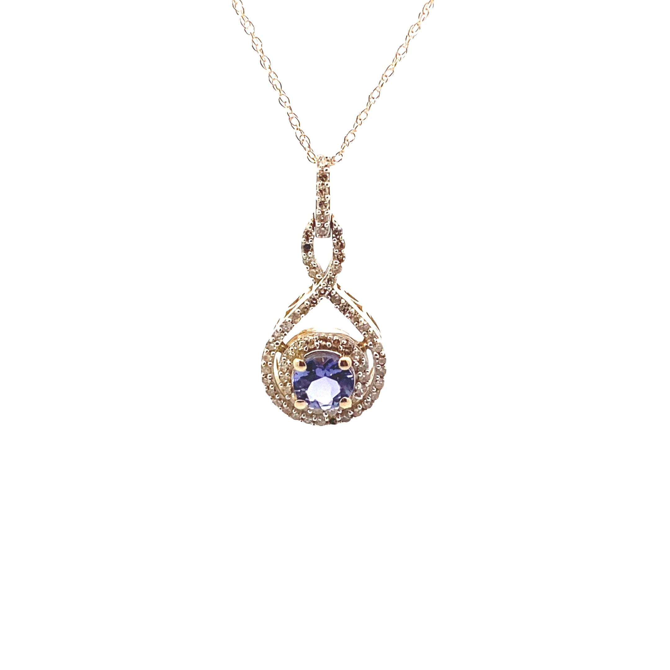 14K Yellow Gold Tanzanite & 1/4 CT. Diamond Halo Twist Pendant Necklace
