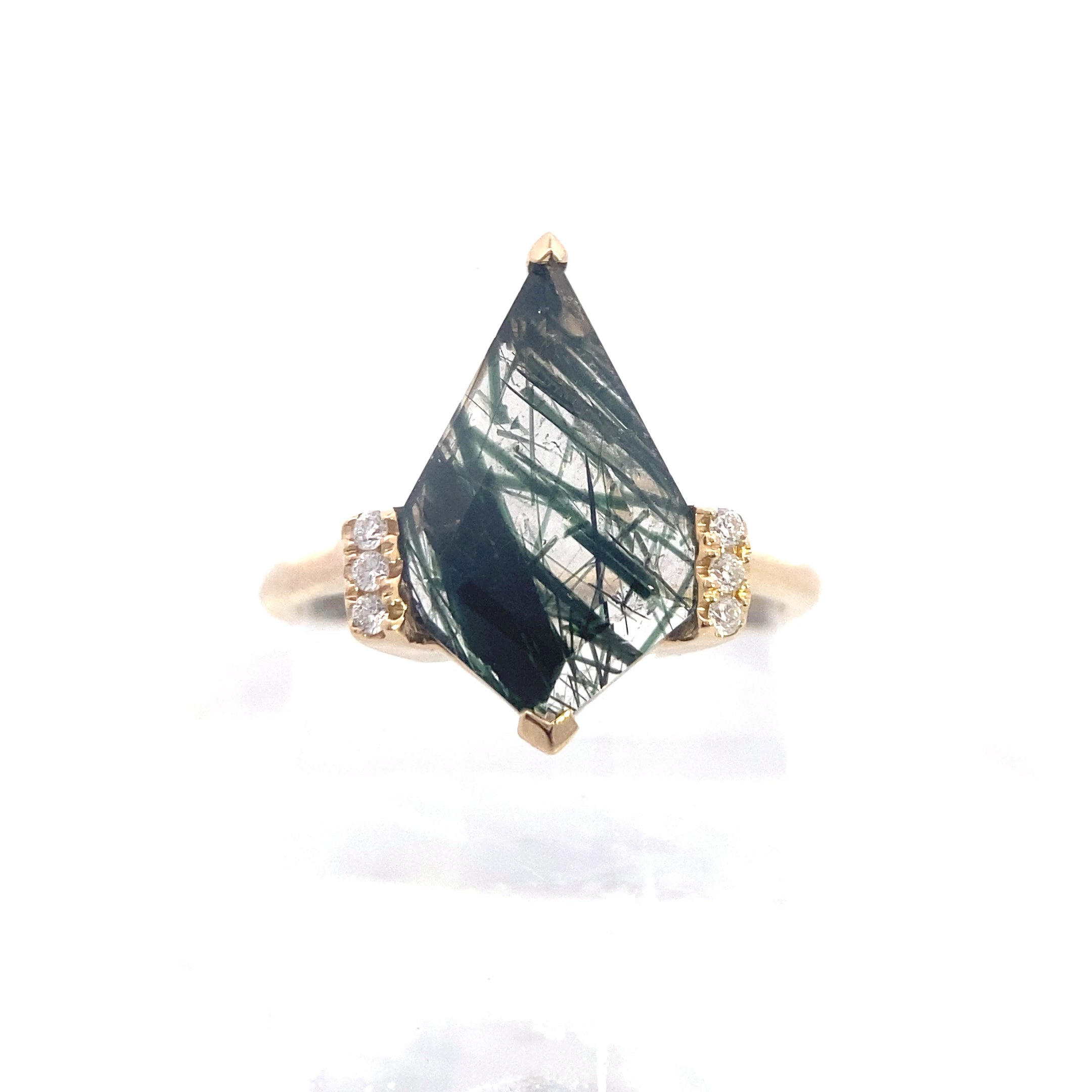 14K Yellow Gold 3-1/2CT. Kite-Cut Green Rutilated Quartz & Diamond Accented Ring