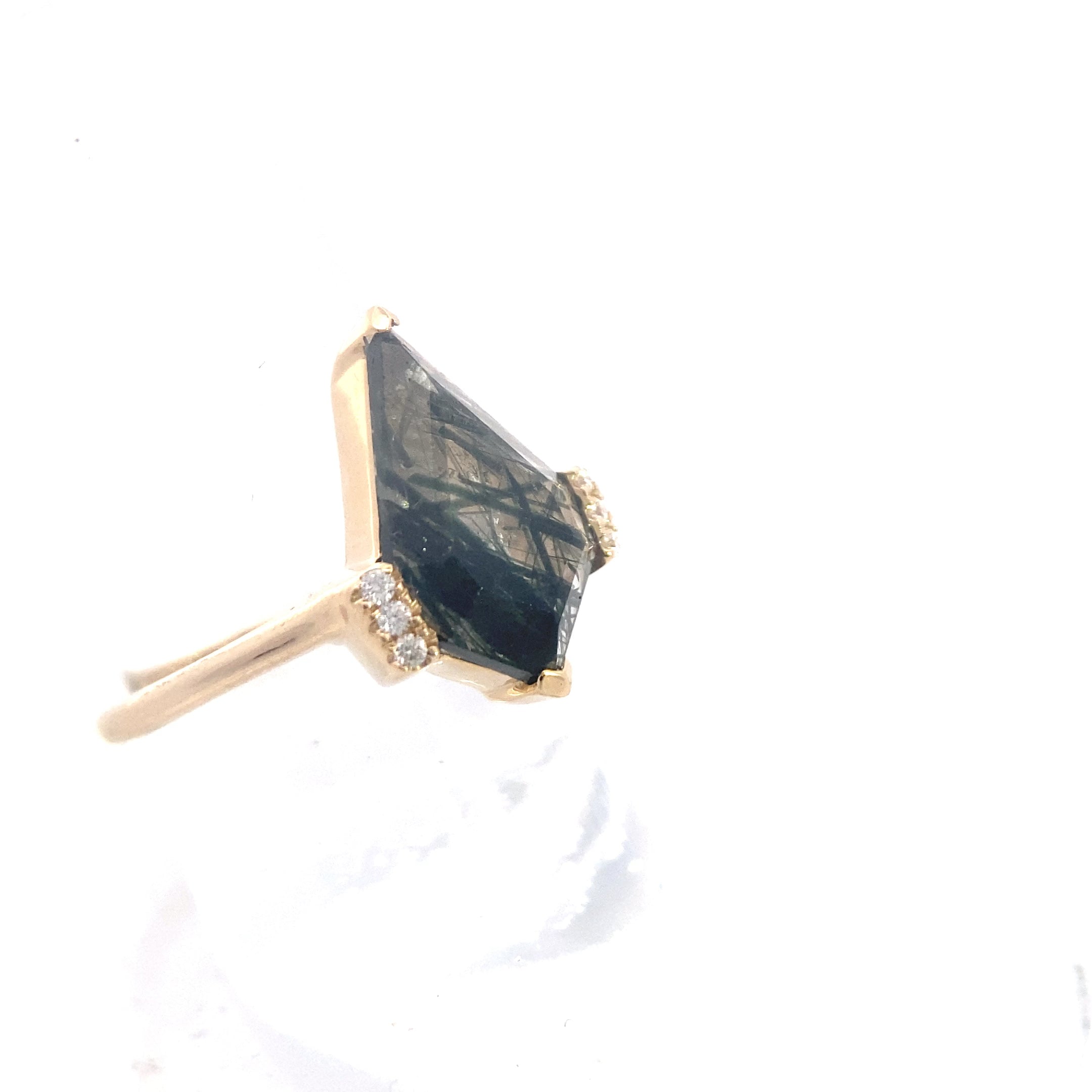14K Yellow Gold 3-1/2CT. Kite-Cut Green Rutilated Quartz & Diamond Accented Ring