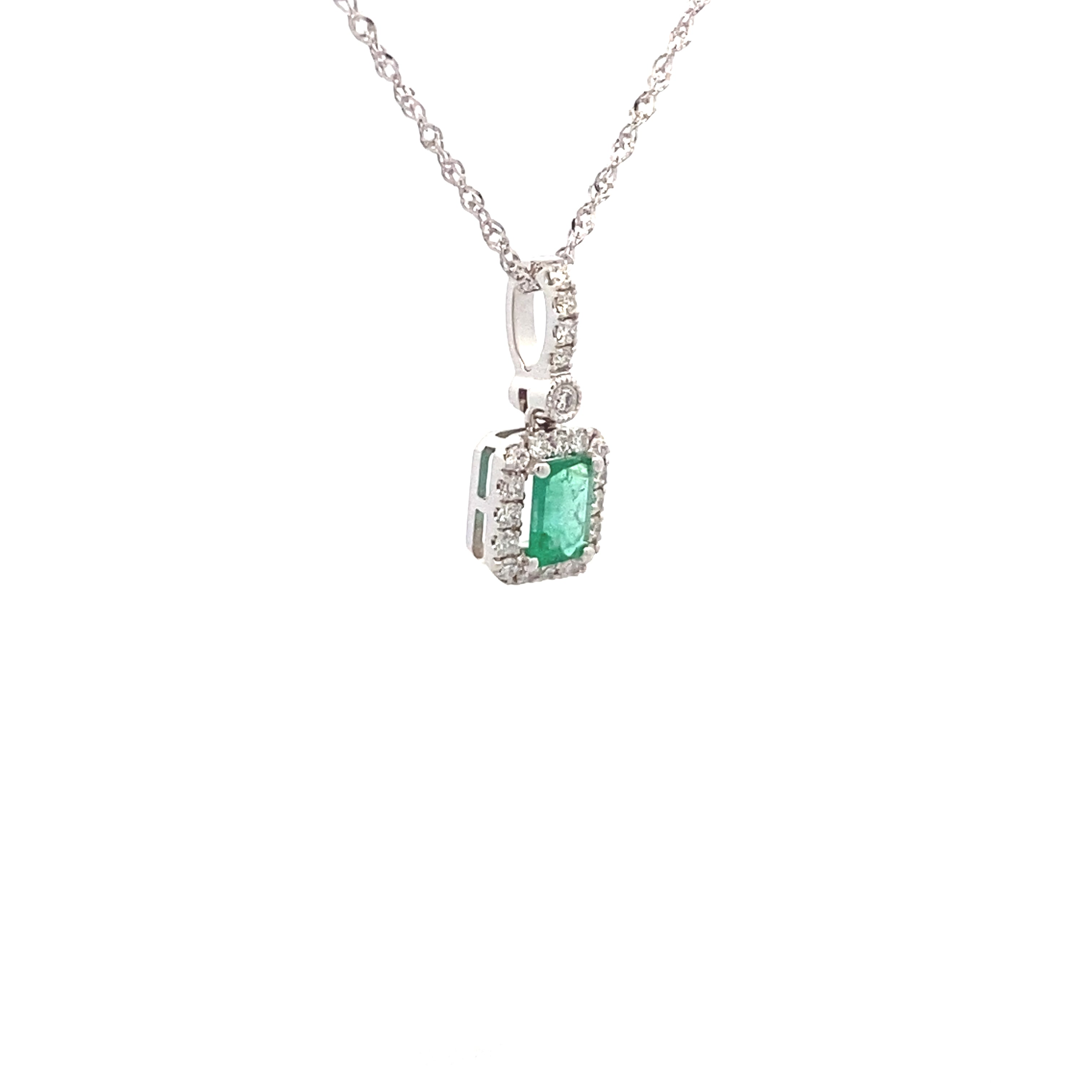 14K White Gold Emerald-Cut Emerald and 1/6CT. Diamond Halo Pendant Necklace