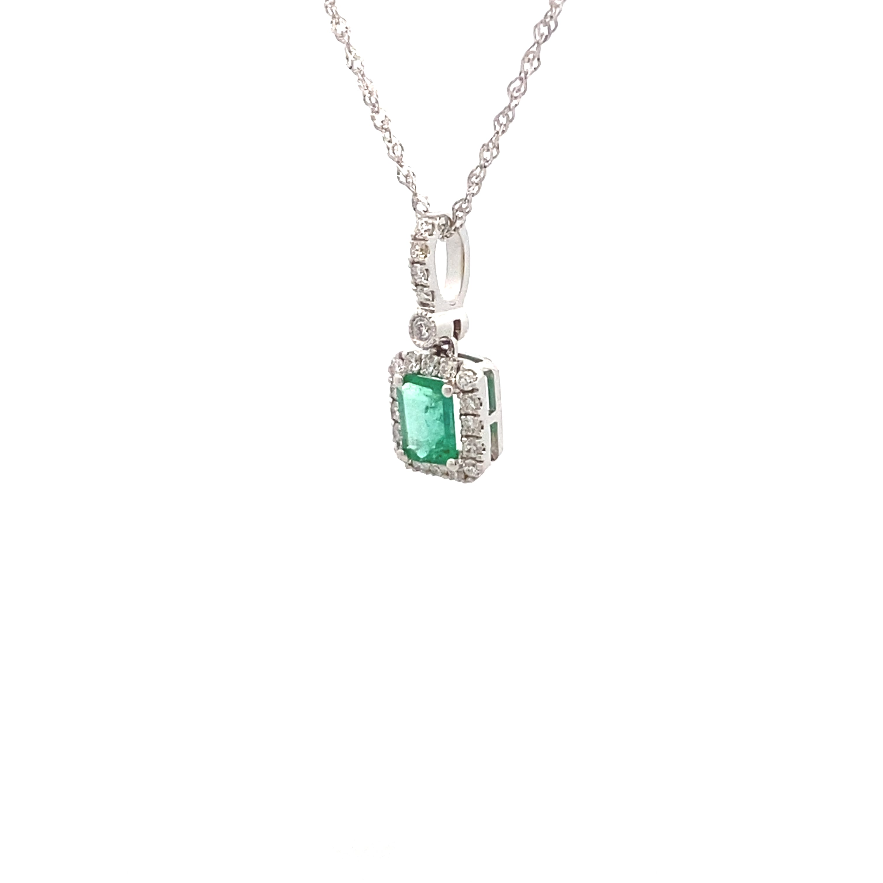 14K White Gold Emerald-Cut Emerald and 1/6CT. Diamond Halo Pendant Necklace