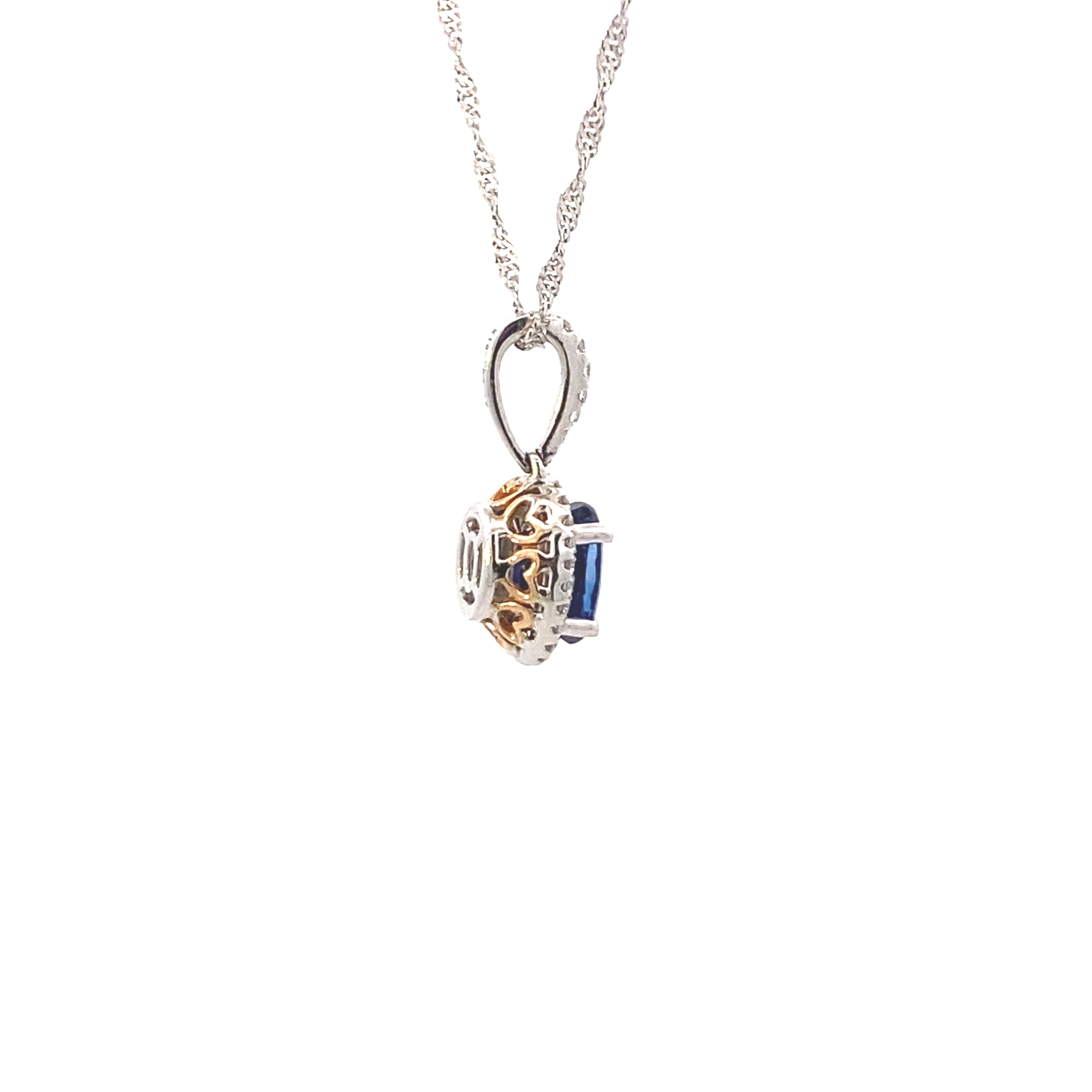 18K Gold Two-Toned 1-1/3CT. Sapphire and 3/20CT. Diamond Pendant Necklace with Hidden Hearts
