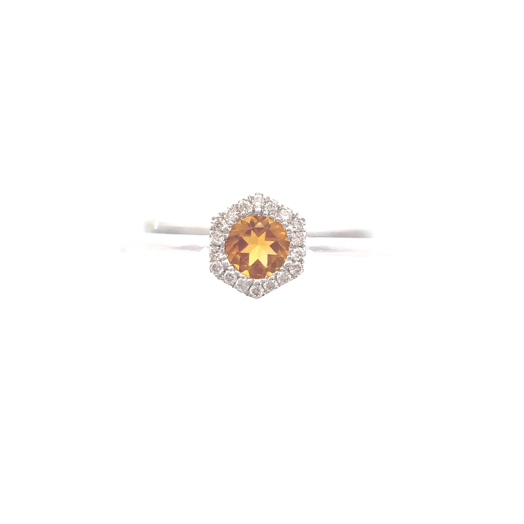 10K White Gold 1/4CT. Citrine & 1/20CT. Geometric Diamond Halo Ring