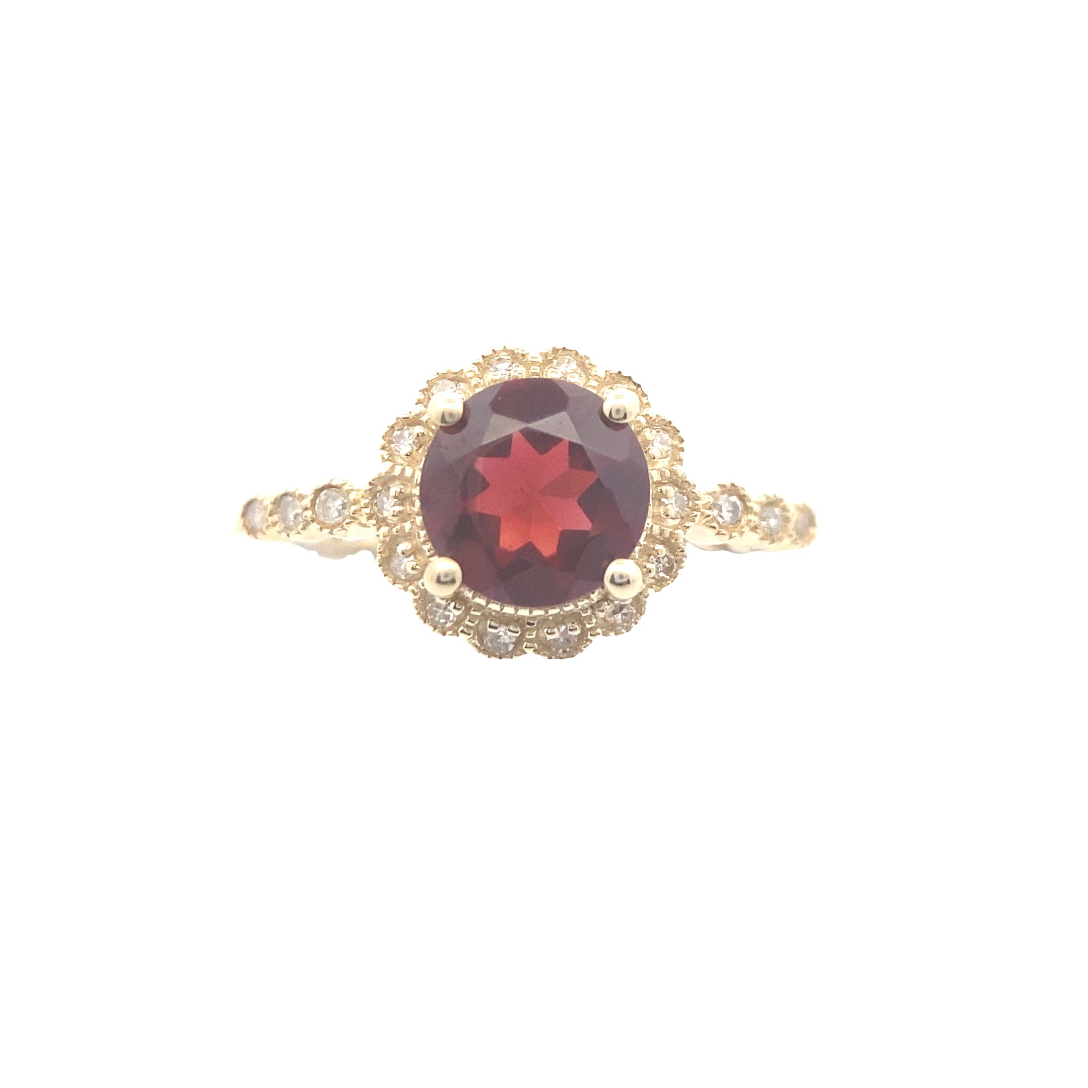 10K Yellow Gold 1-5/8CT. Garnet & 1/10CTW. Diamond Halo Ring