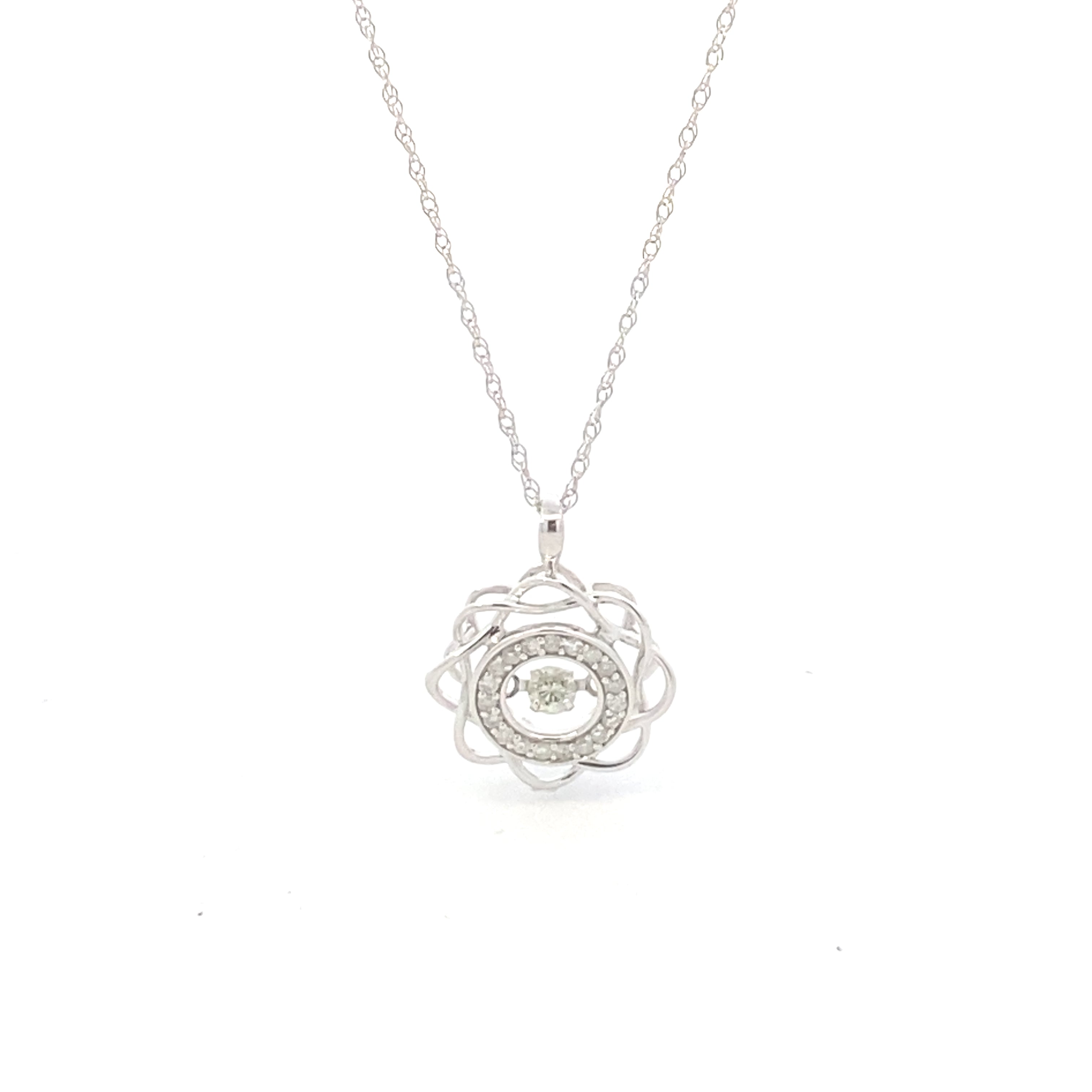 10K White Gold 1/5CT. Diamond Floral Swivel Pendant Necklace