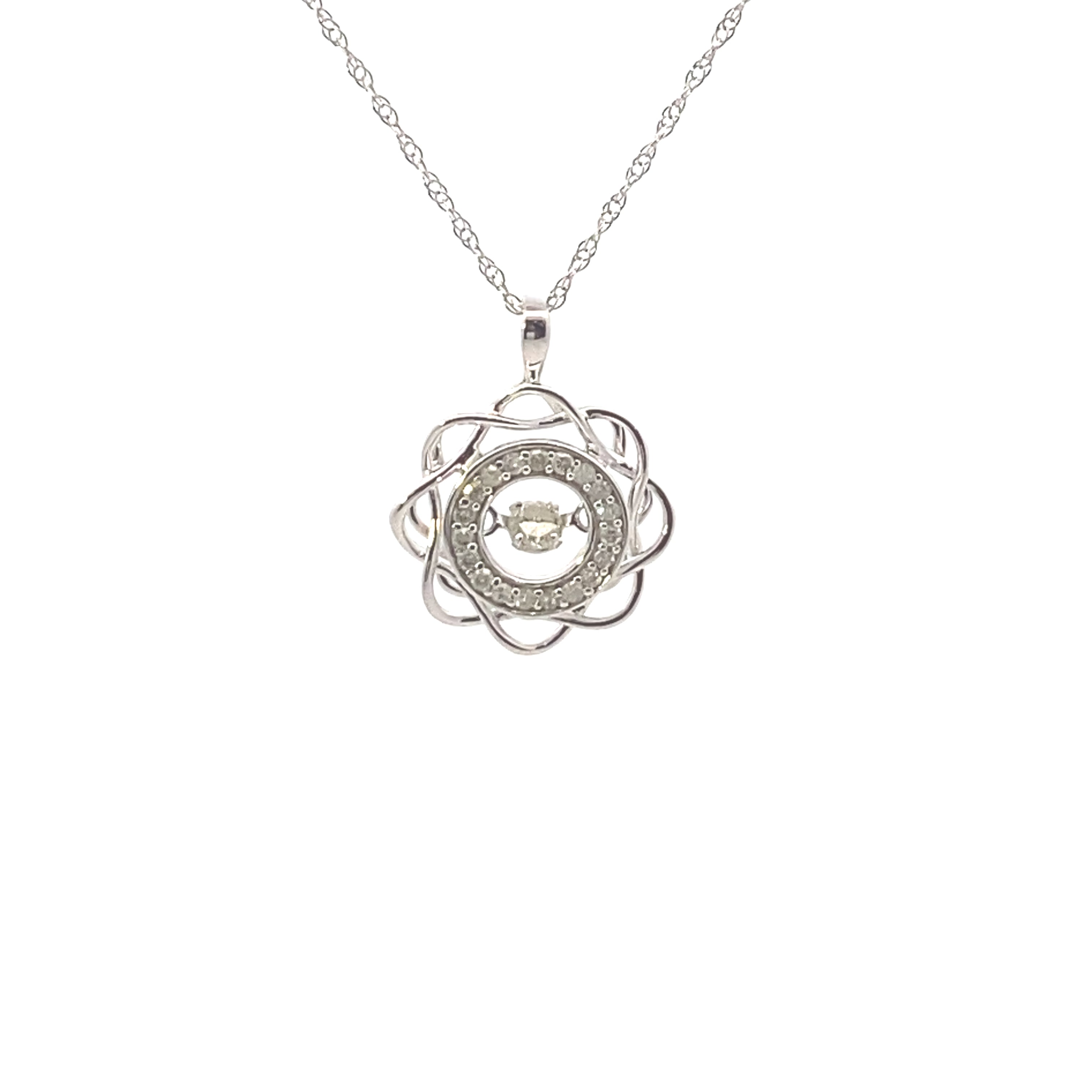 10K White Gold 1/5CT. Diamond Floral Swivel Pendant Necklace