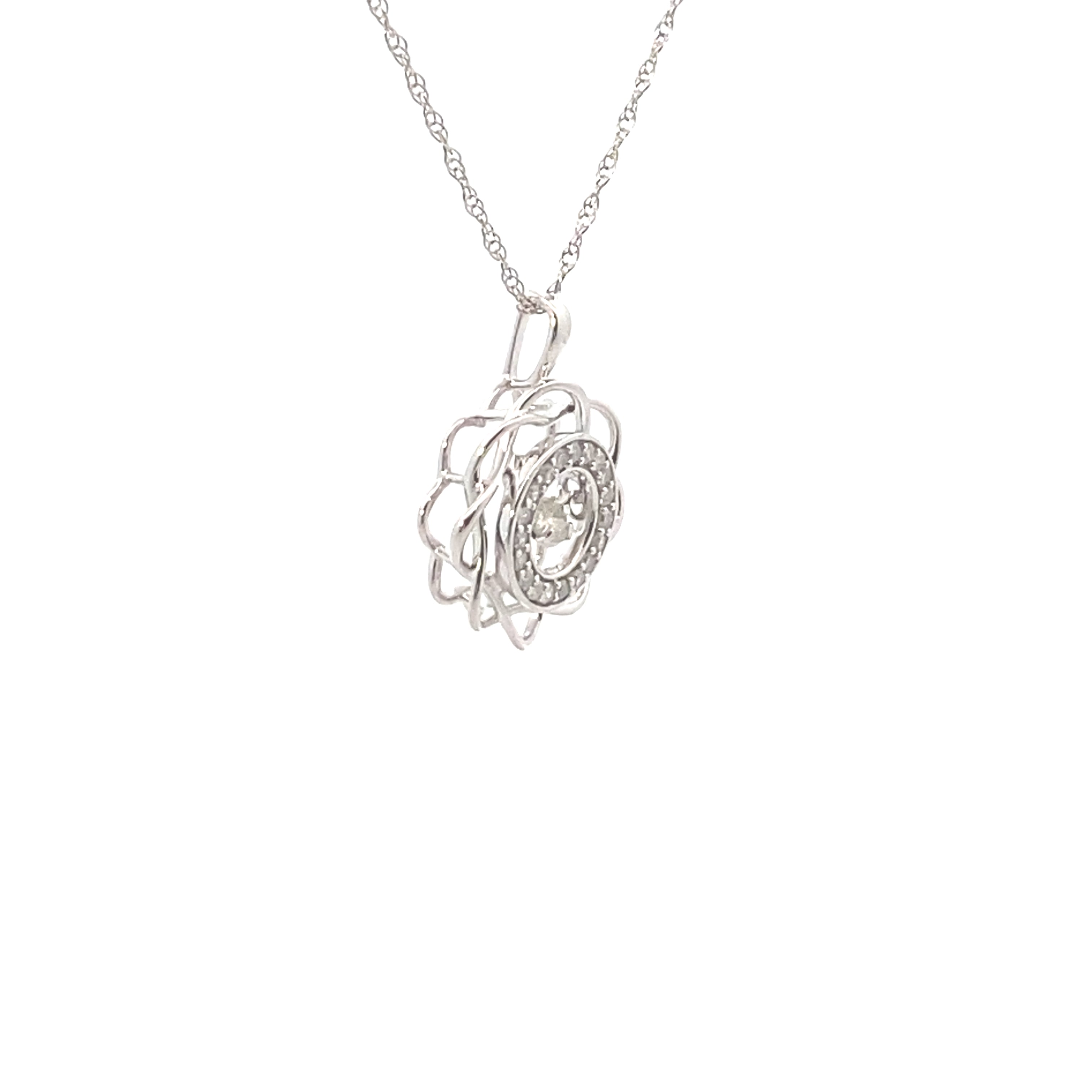 10K White Gold 1/5CT. Diamond Floral Swivel Pendant Necklace
