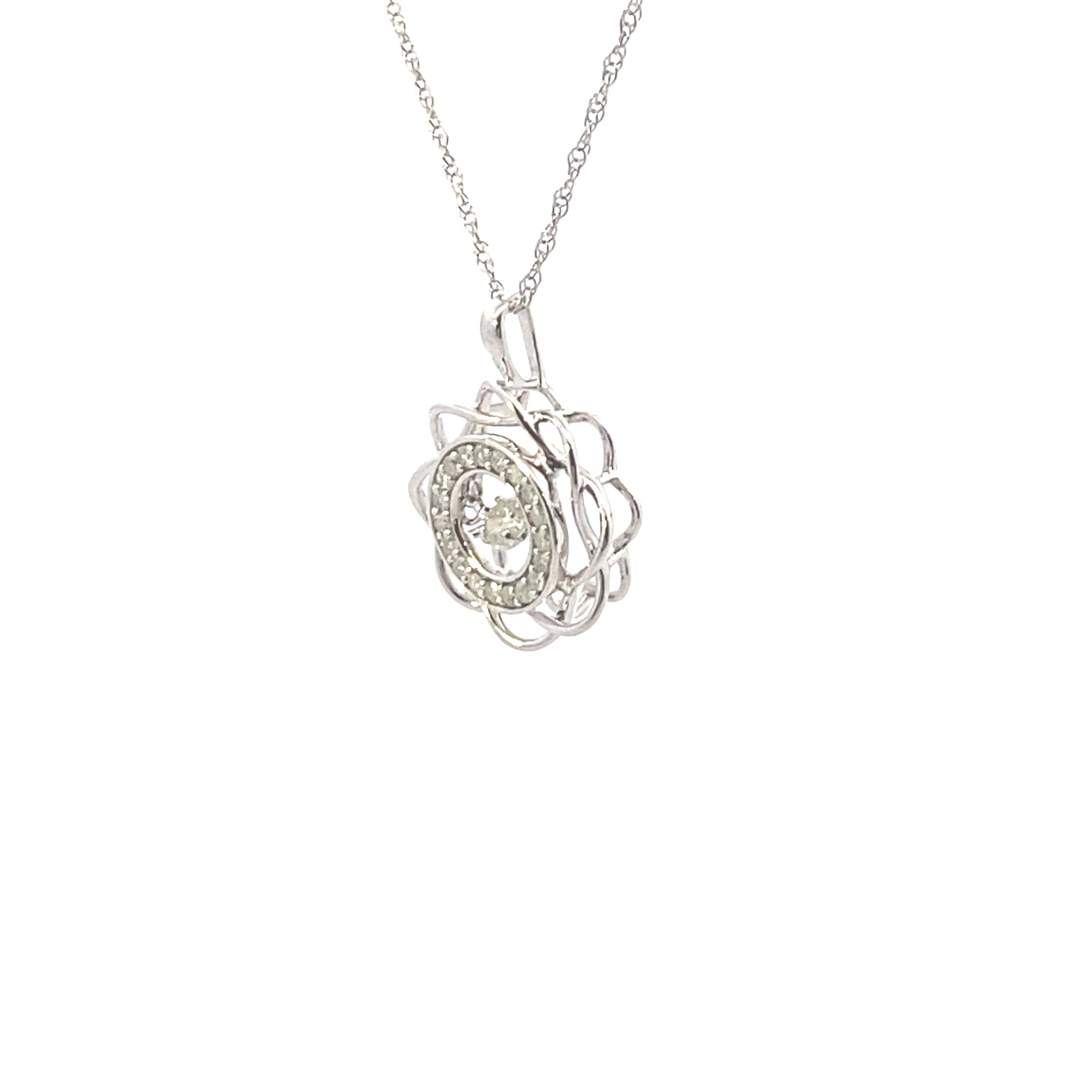 10K White Gold 1/5CT. Diamond Floral Swivel Pendant Necklace
