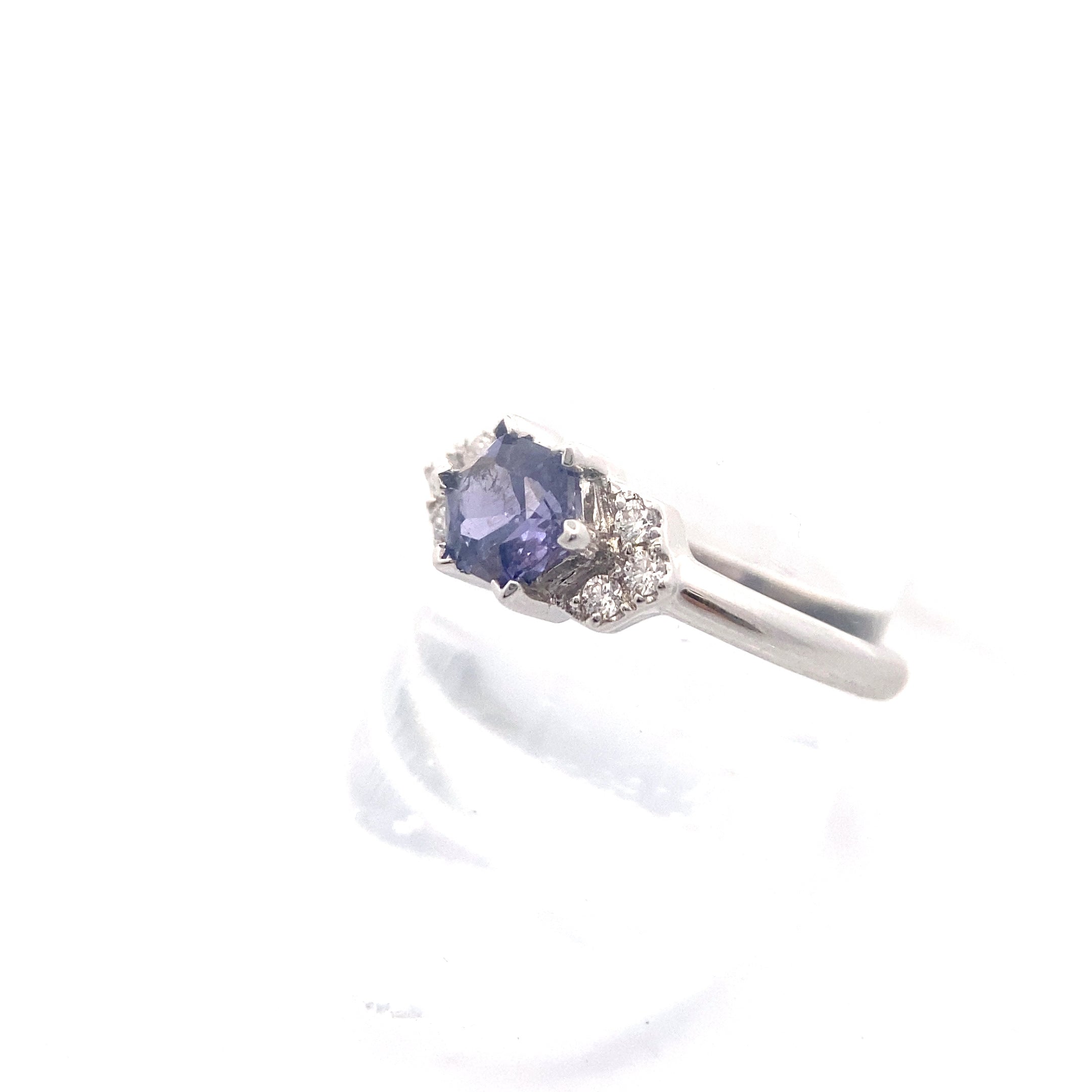 14K White Gold 3/4CT. Teal Hexagon-Cut Sapphire & 1/10CT. Diamond Accented Ring