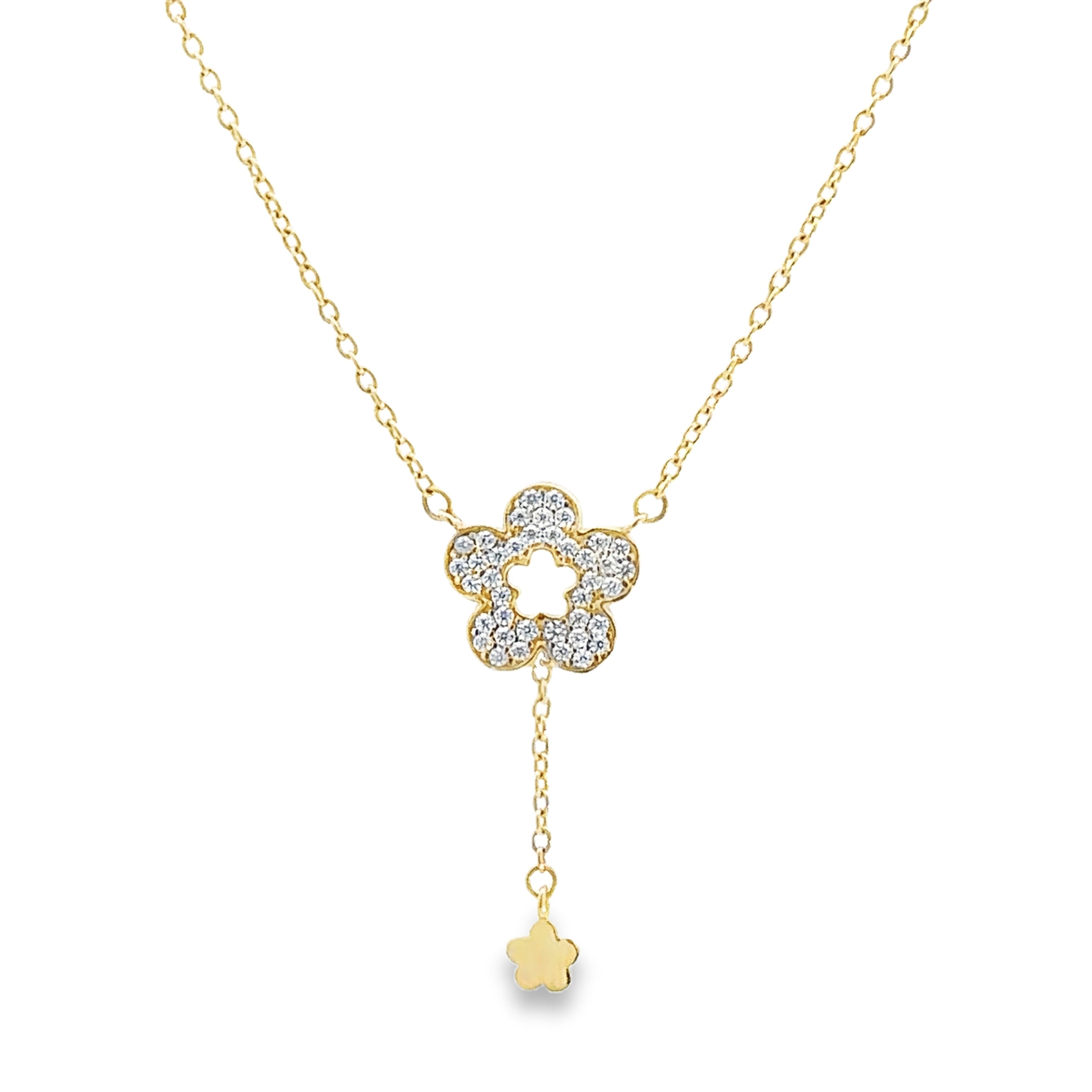 14K Yellow Gold 1/10CT. White Topaz Y Flower Necklace