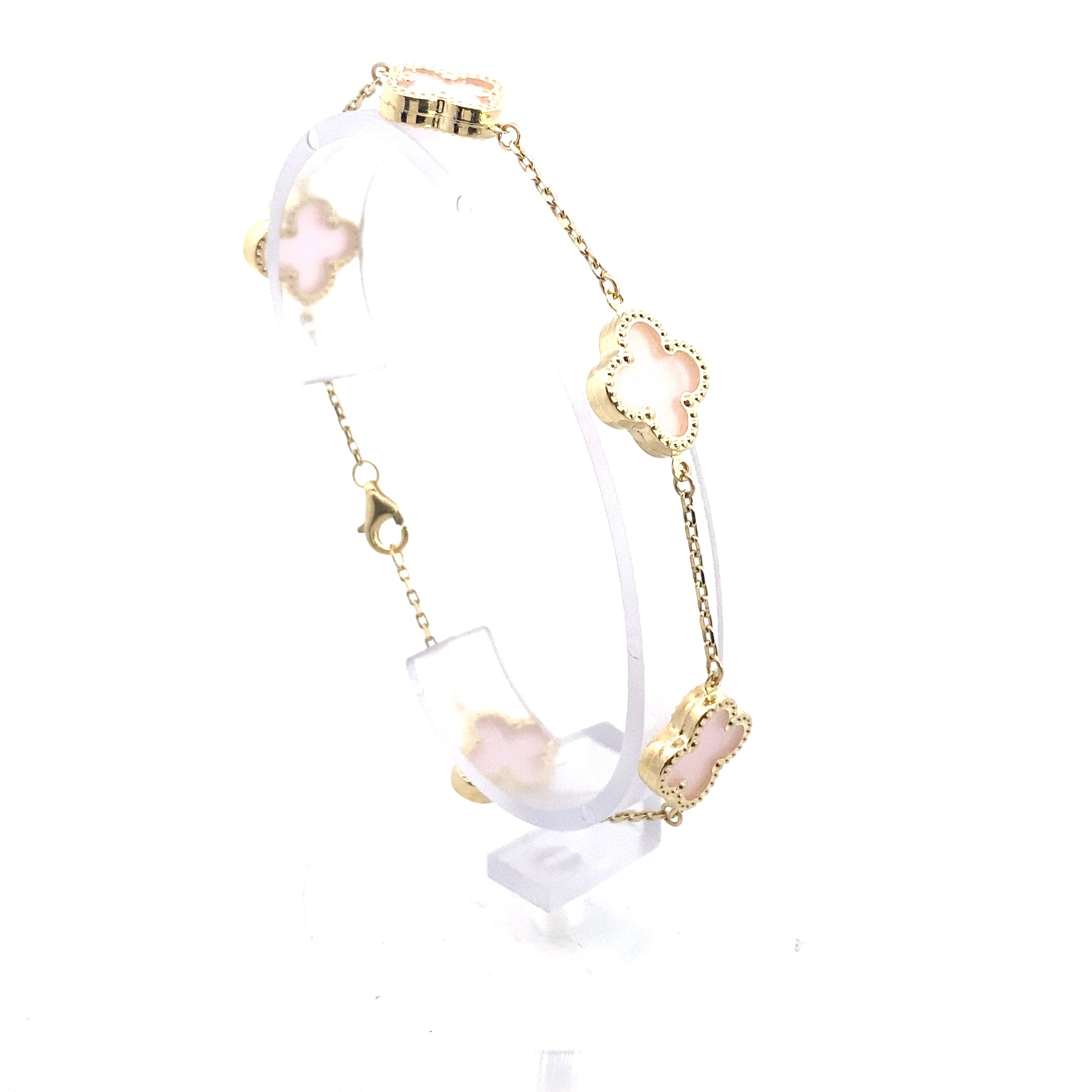 10K Yellow Gold Rose Quartz "Alhambra" Clover-Inspired 7-1/2" Station Bracelet