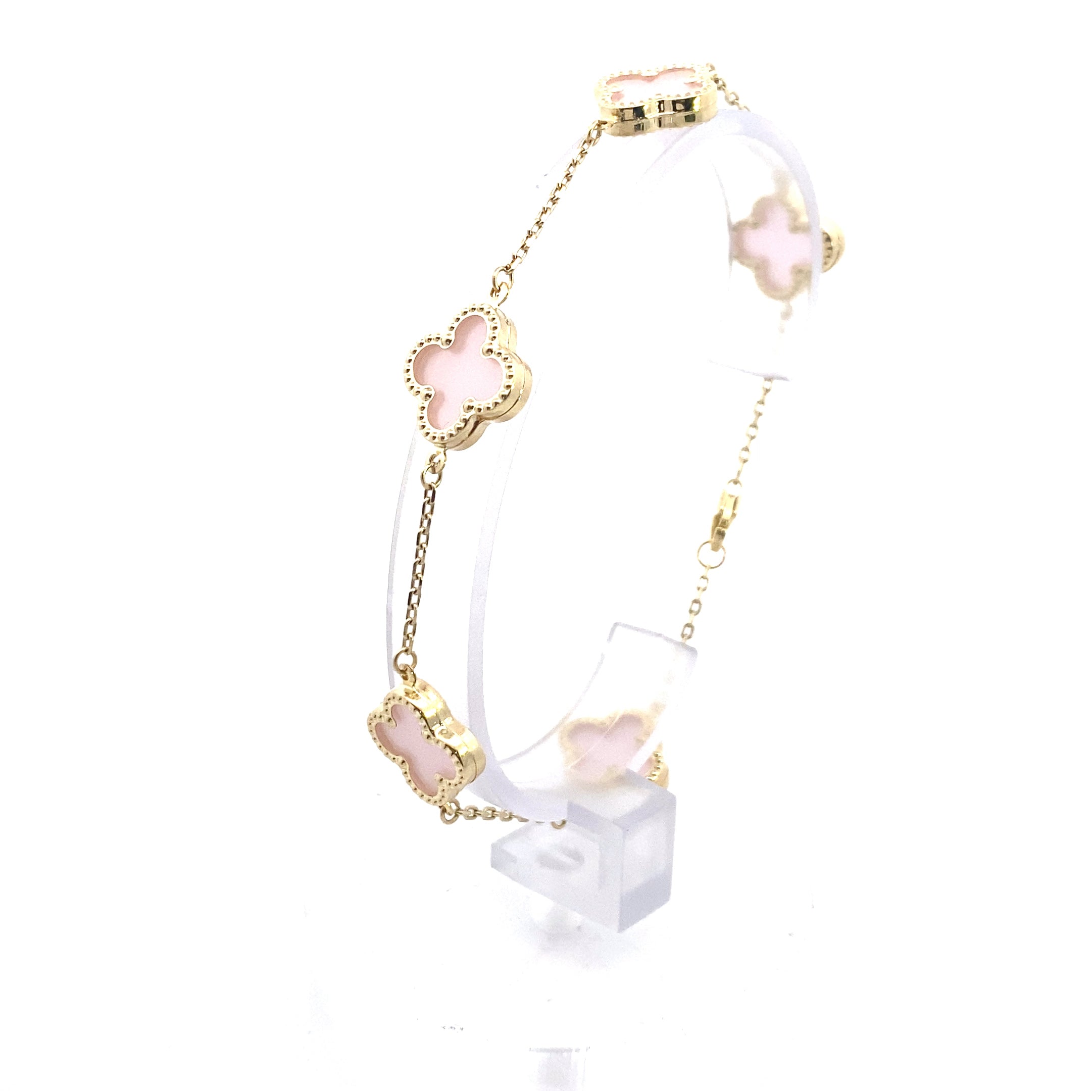 10K Yellow Gold Rose Quartz "Alhambra" Clover-Inspired 7-1/2" Station Bracelet