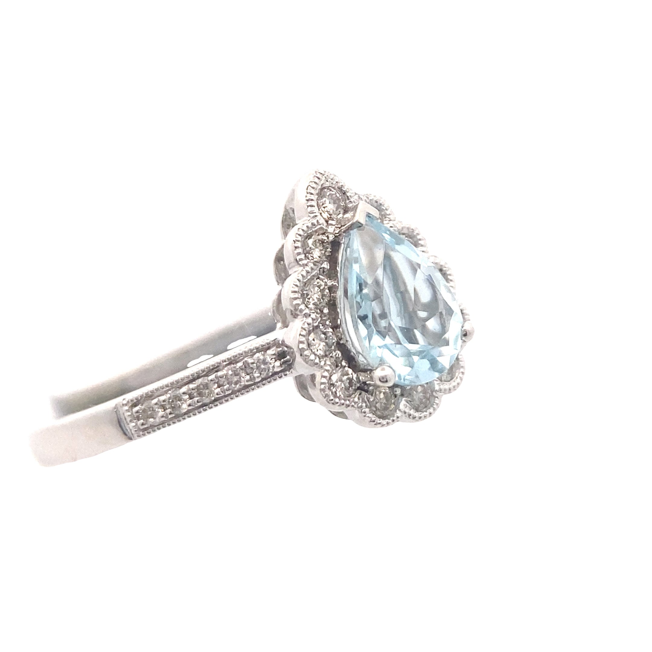 14K White Gold 5/8CT. Pear-Cut Aquamarine & 1/6CT. Diamond Halo Vintage-Inspired Engagement Ring