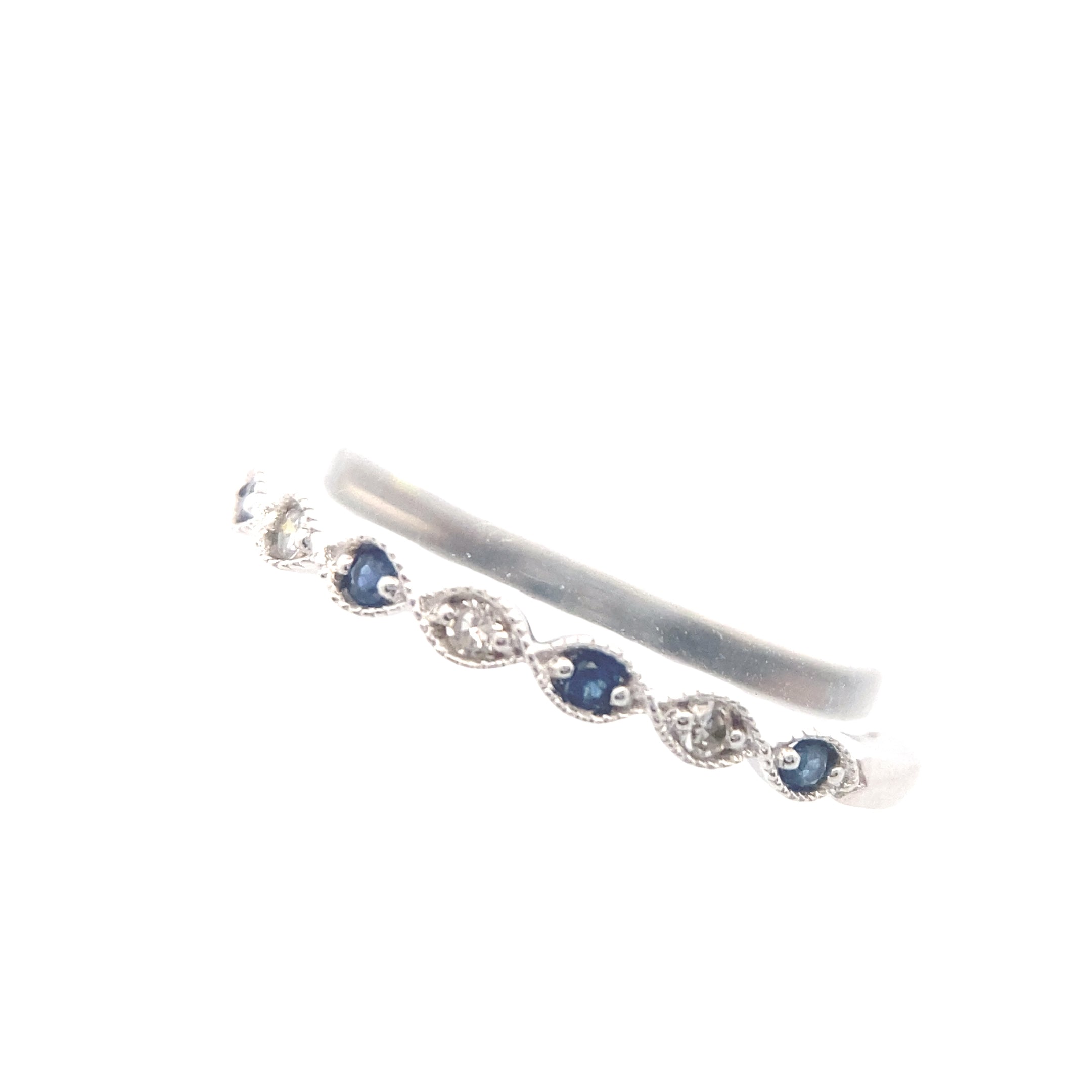 14K White Gold 1/10CT. Blue Sapphire & 1/20CT. Diamond Milgrain Wedding Band