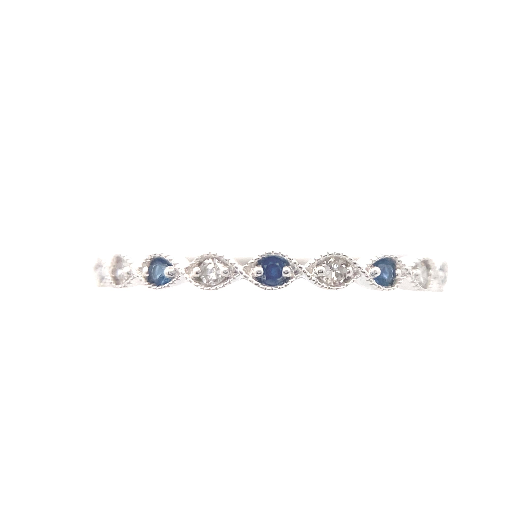 14K White Gold 1/10CT. Blue Sapphire & 1/20CT. Diamond Milgrain Wedding Band