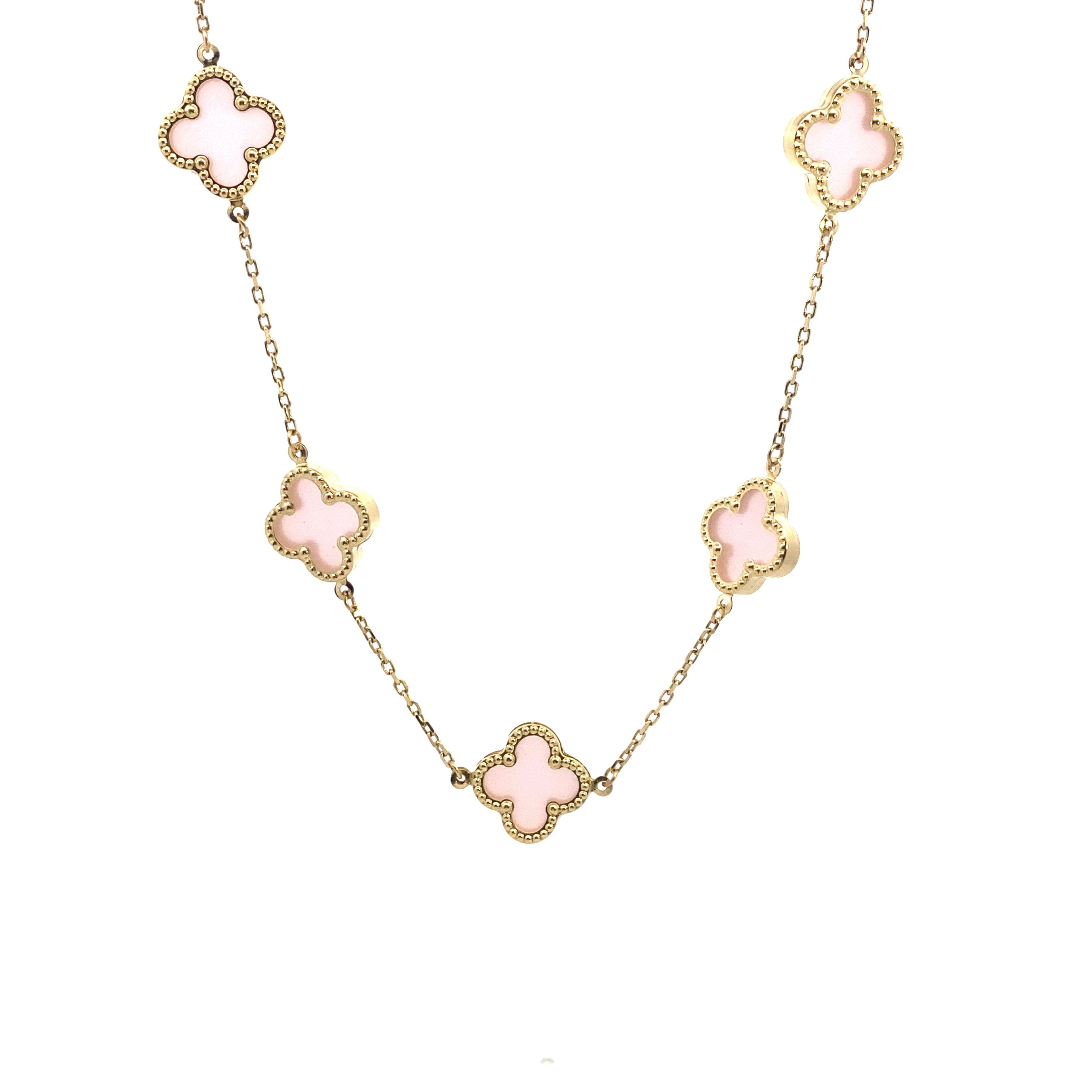 10K Yellow Gold Rose Quartz "Alhambra" Clover-Inspired 17" Station Necklace