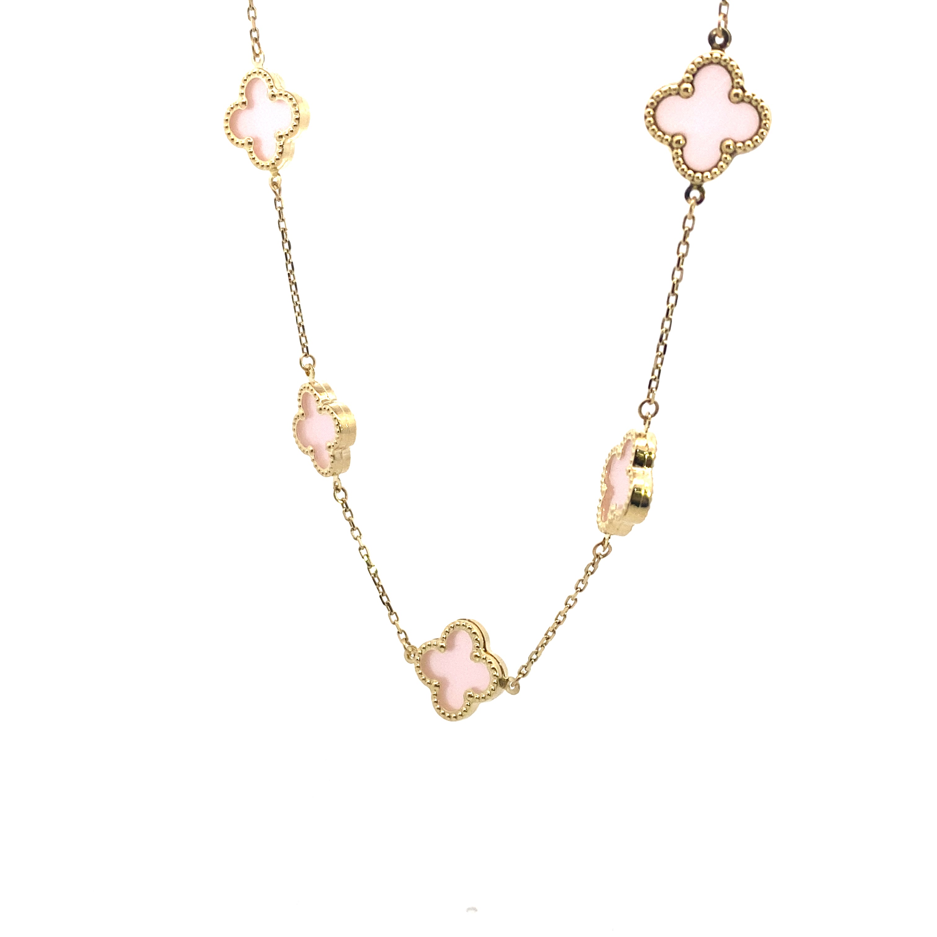 10K Yellow Gold Rose Quartz "Alhambra" 17" Clover Station Necklace