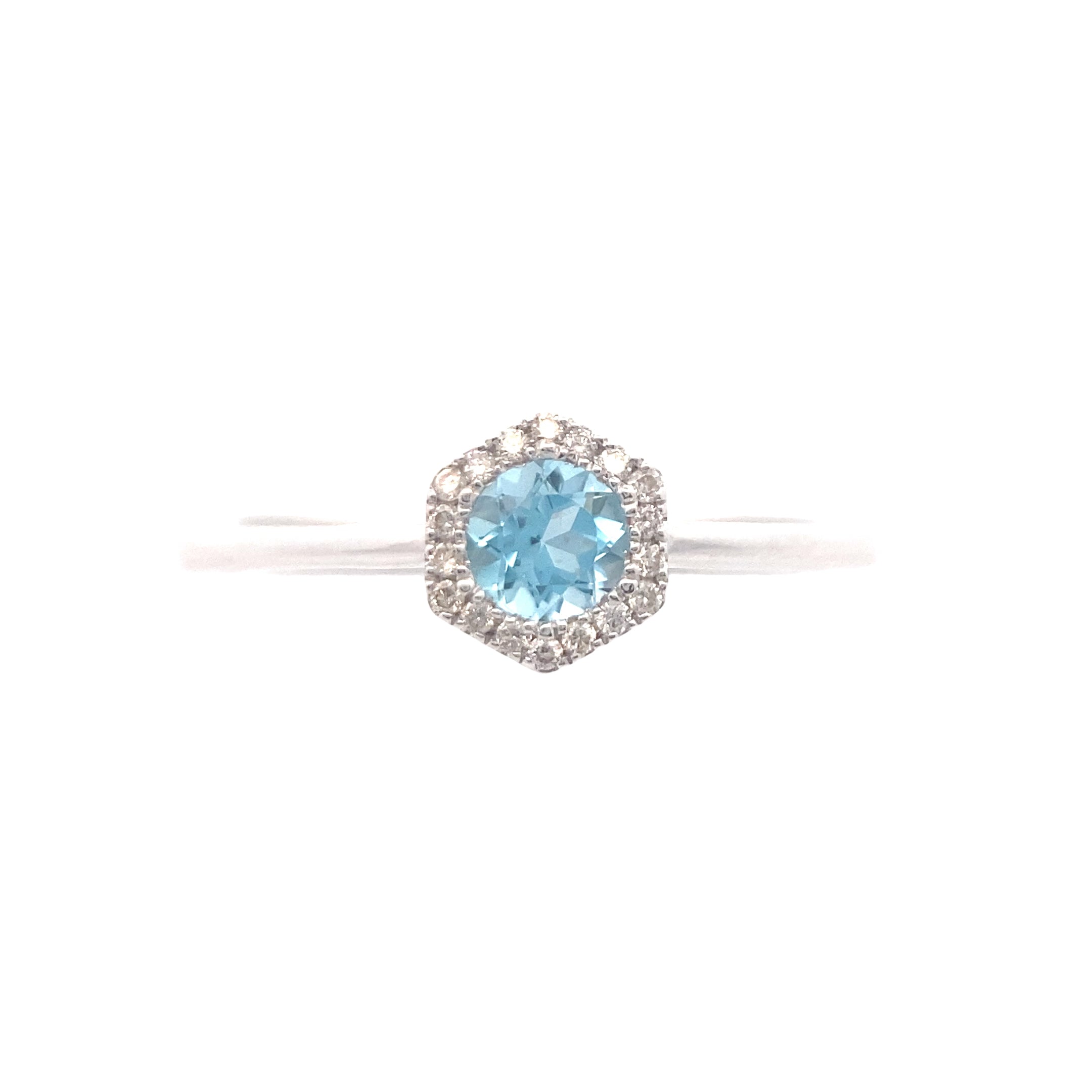 10K White Gold 1/20CT. Swiss Blue Topaz & Diamond Geometric Halo Ring