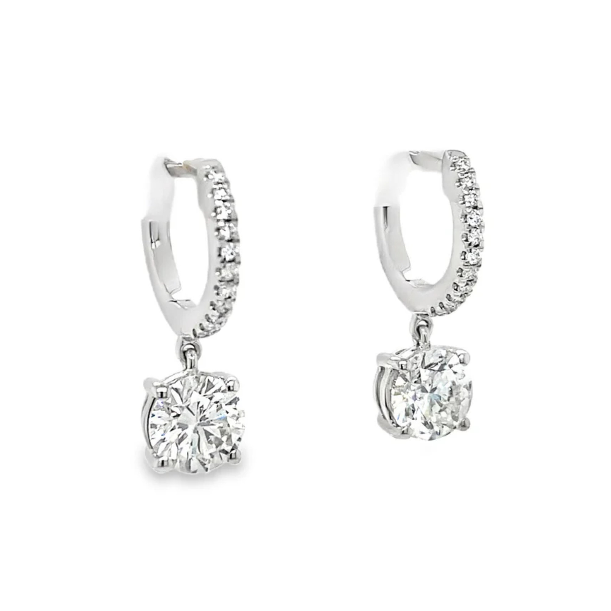 14K White Gold 2CTW. Lab-Grown Diamond Dangle Huggie Hoop Earrings