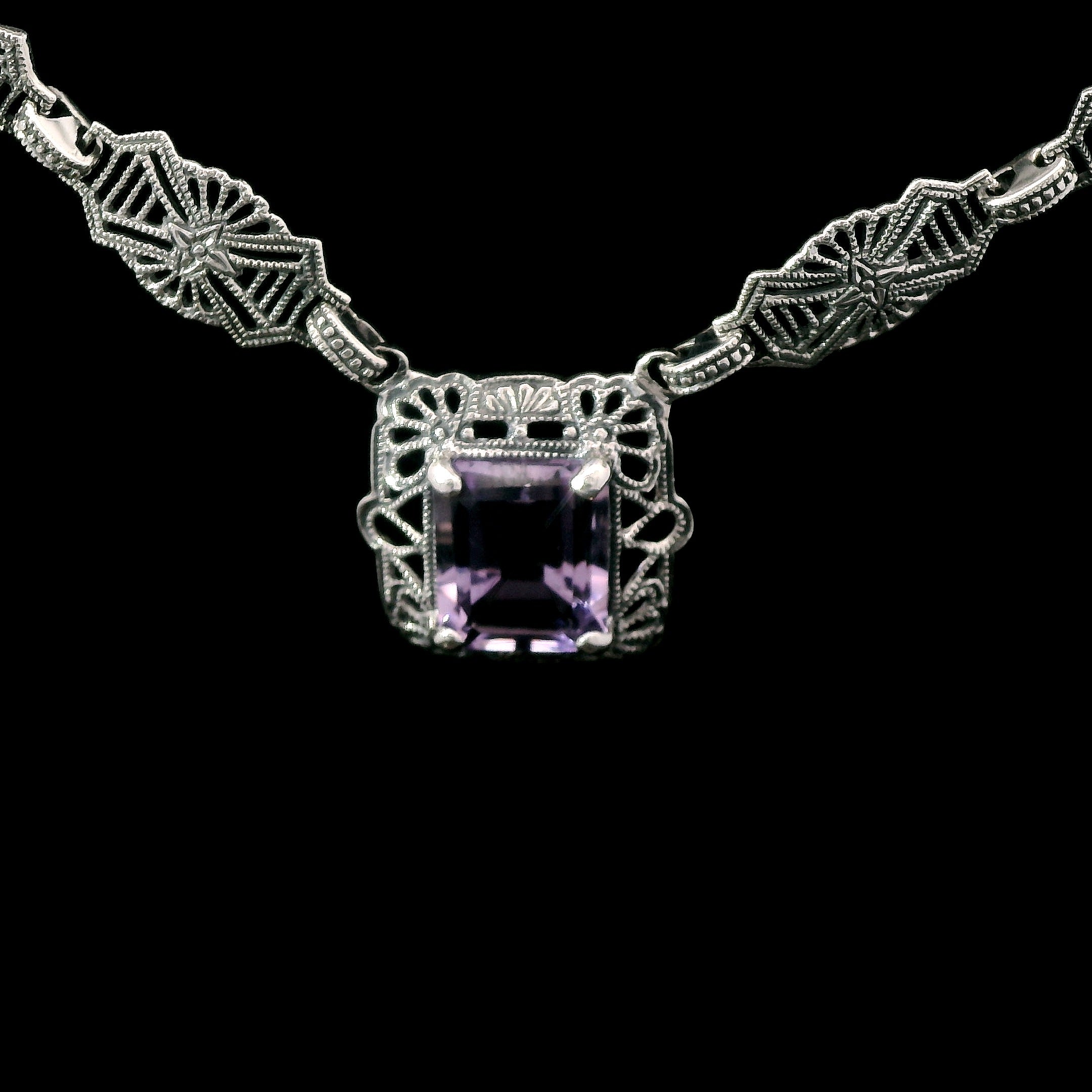 Sterling Silver Amethyst Art Deco Style Fancy Link Filigree Necklace