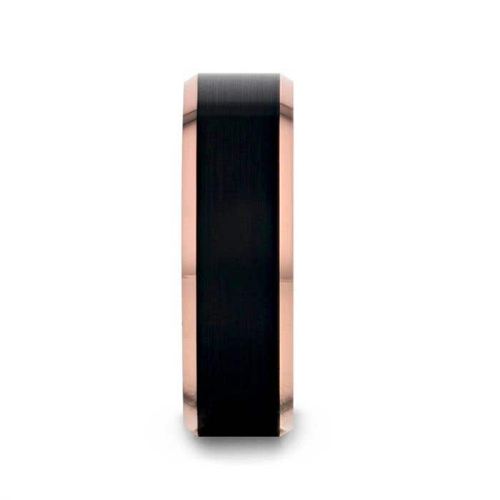 Thorsten "HAYDEN" Rose Gold Plated Tungsten Polished Beveled Ring with Brushed Black Center