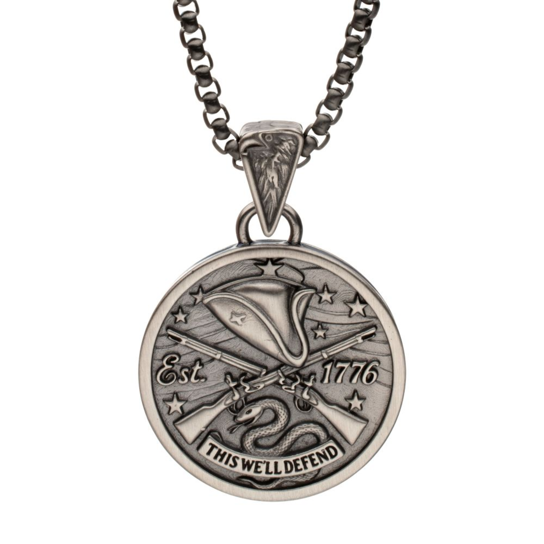 Silver pendant necklace with intricate design on a white background