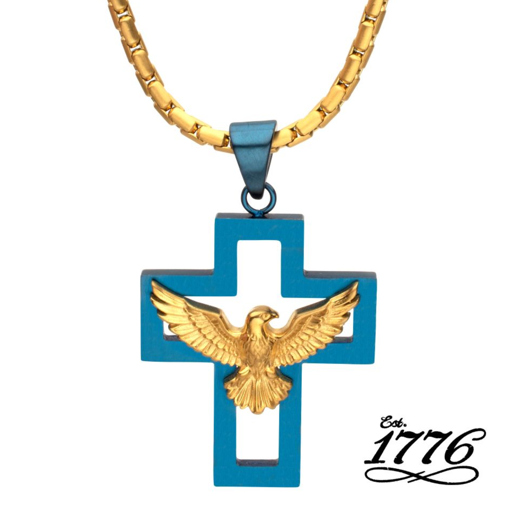 Gold eagle pendant on a blue cross with a gold chain on a white background, featuring the 'Est. 1776' logo.