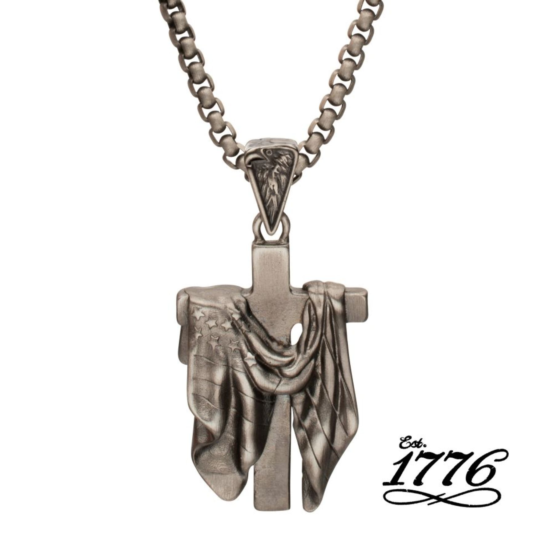 Silver cross pendant with chain on a white background, featuring 'Est. 1776' logo.