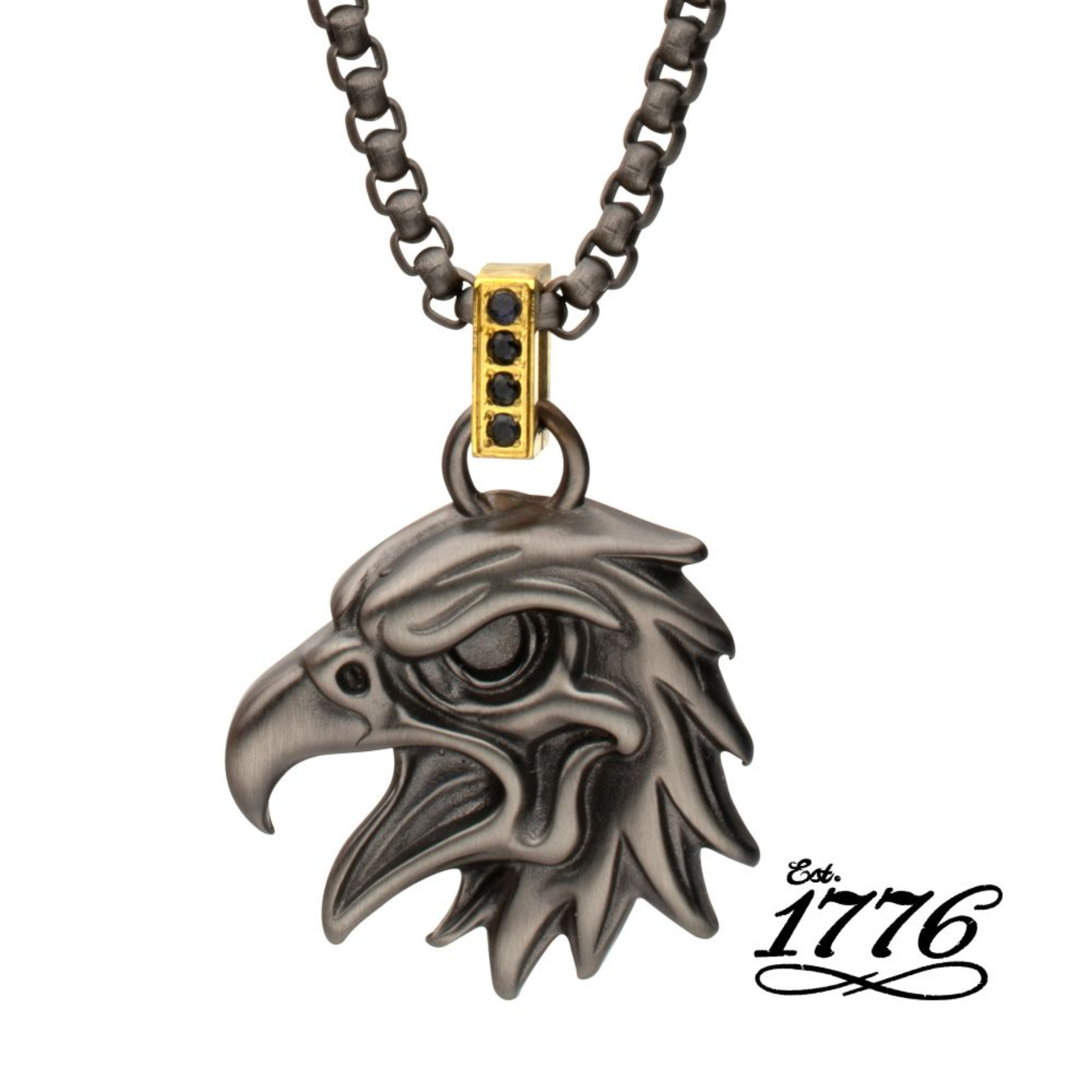 Eagle head pendant necklace with gold accent on a white background, featuring the 'Est. 1776' logo.