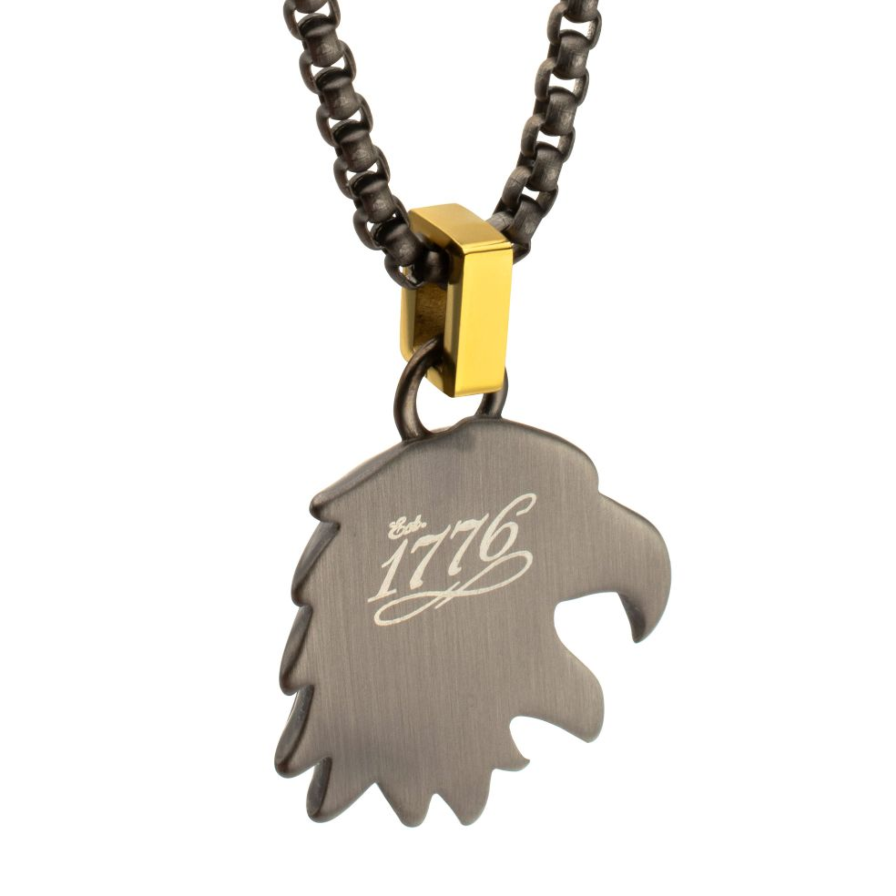 Metallic necklace with a leaf-shaped pendant featuring '1776' on a white background