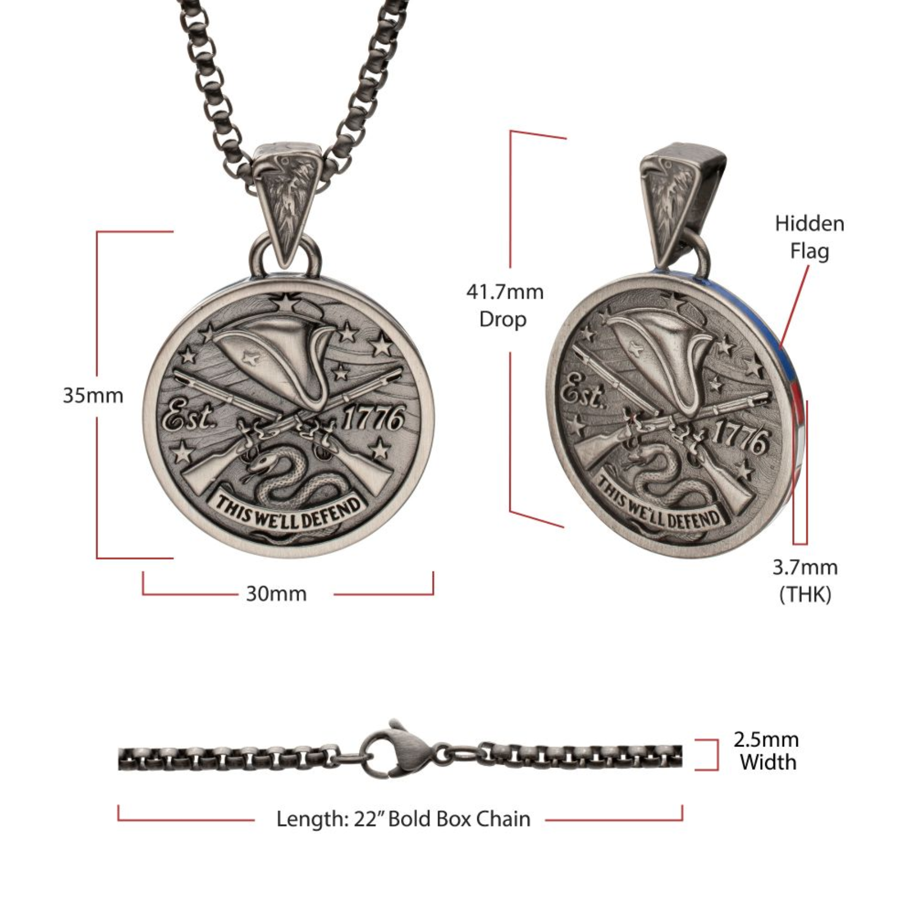 Silver pendant necklace with measurements on a white background