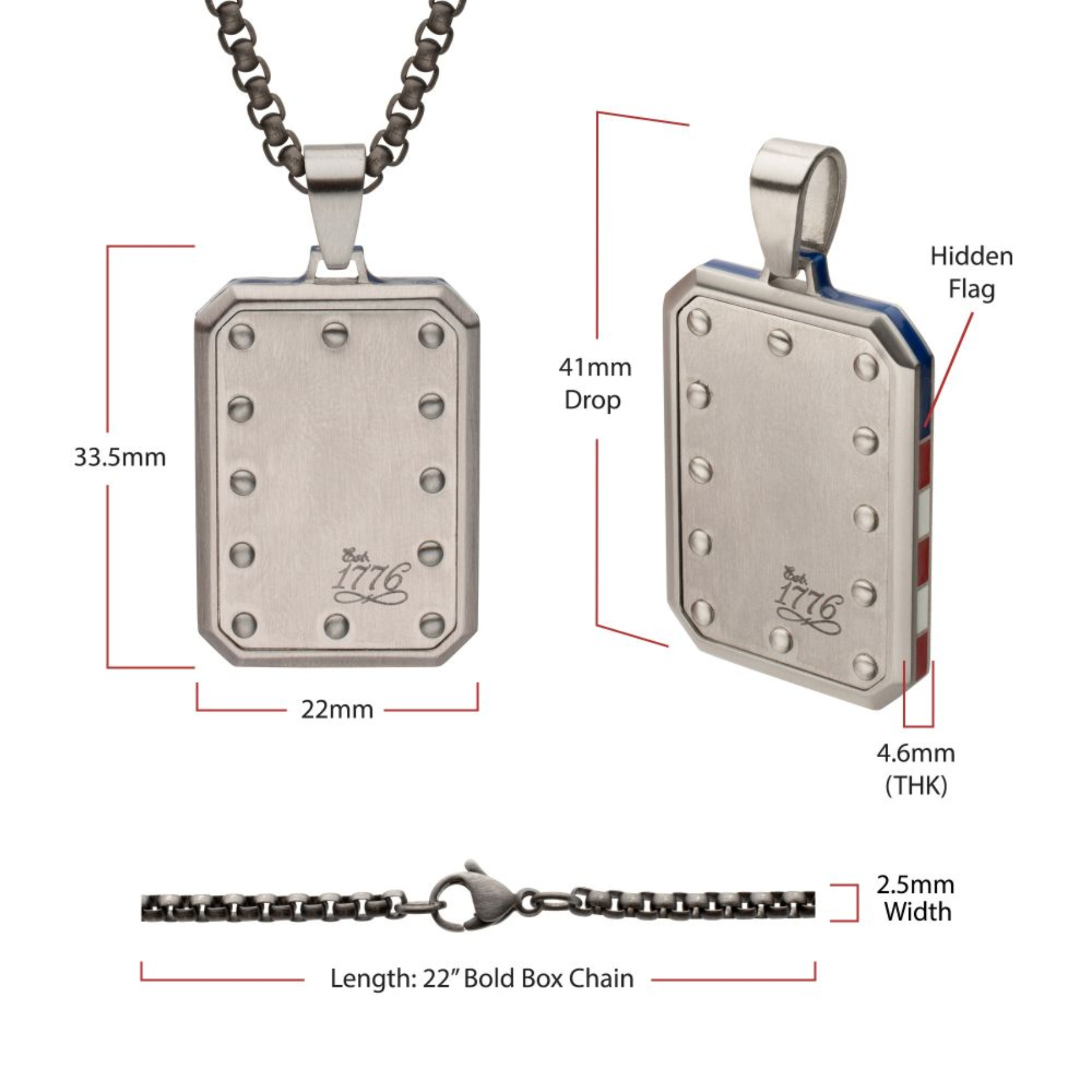 Measurement chart of a silver pendant with chain, showing dimensions and features.