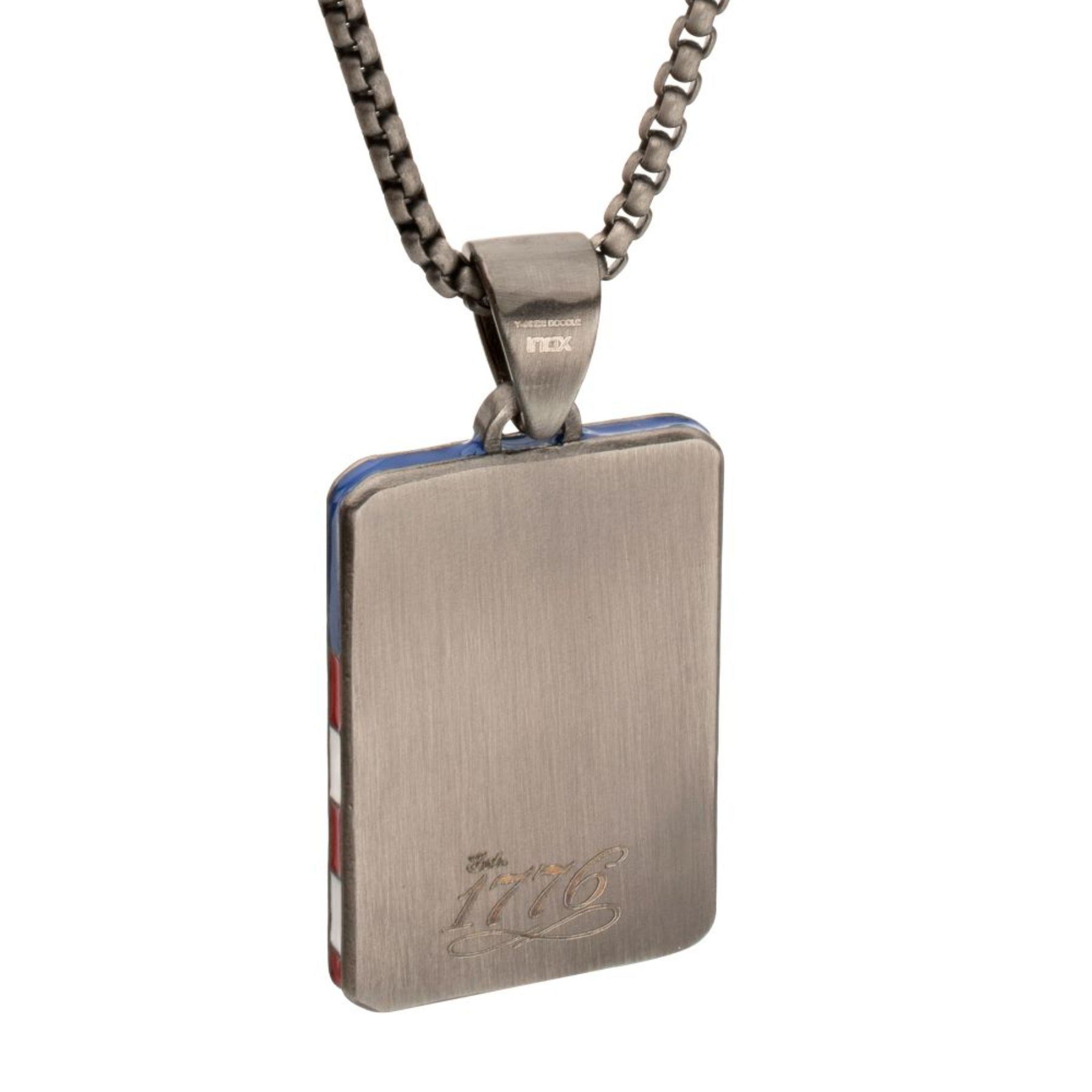 Metallic pendant necklace on a white background