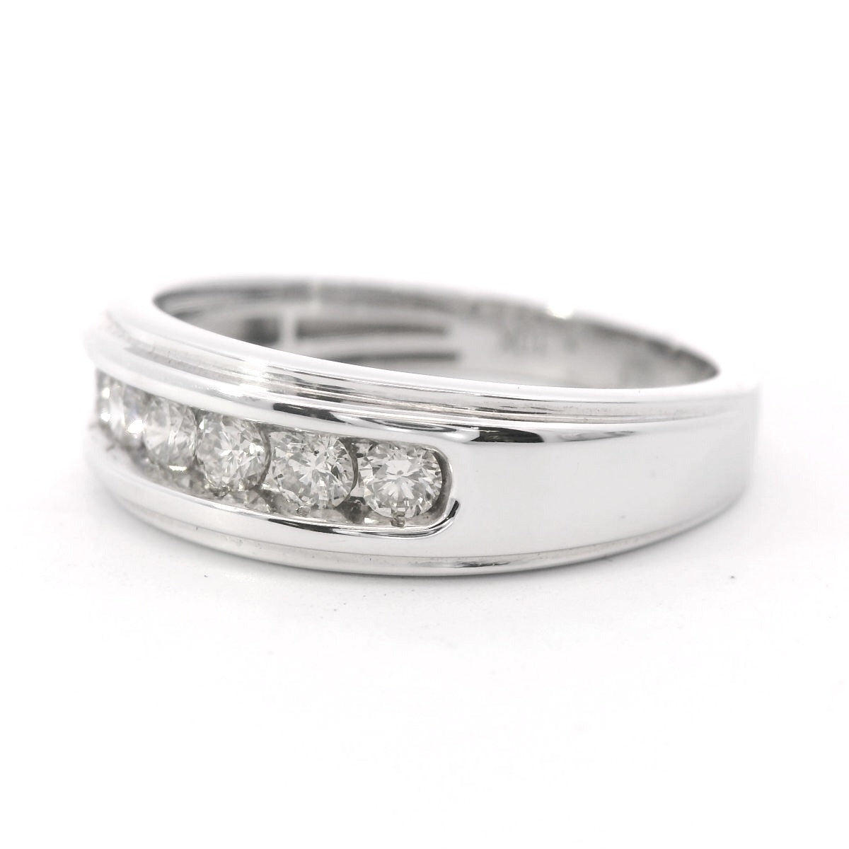 Angled to the left view of 10K White Gold 0.5CT. Men's Diamond Stepped-Edge Channel-Set Wedding Band on white background.